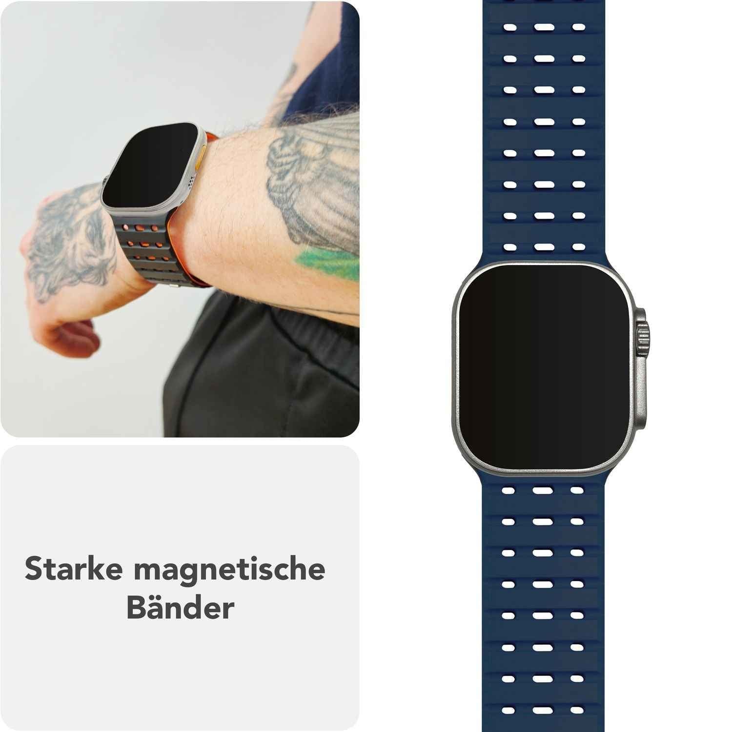 NALIA Volt Armband für Apple Watch Series Ultra/SE/10/9/8/7/6/5/4/3/2/1, Gehäusegröße 42/44/45/49mm, Silikon Magnet Loop Sportarmband mit Steck-Pin Verschluss