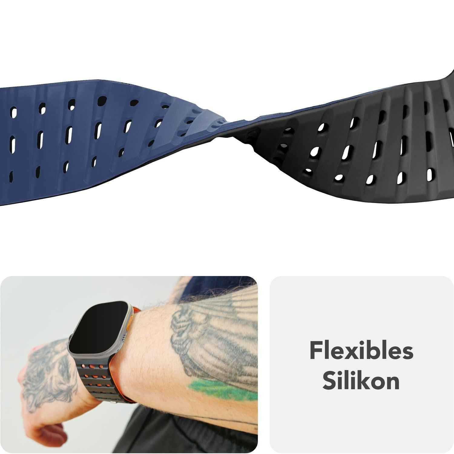 NALIA Volt Armband für Apple Watch Series Ultra/SE/10/9/8/7/6/5/4/3/2/1, Gehäusegröße 42/44/45/49mm, Silikon Magnet Loop Sportarmband mit Steck-Pin Verschluss