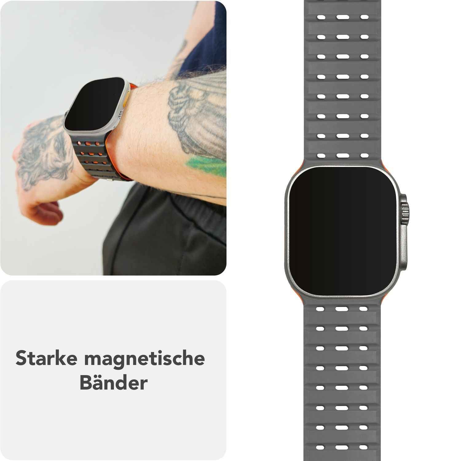 NALIA Volt Armband für Apple Watch Series Ultra/SE/10/9/8/7/6/5/4/3/2/1, Gehäusegröße 42/44/45/49mm, Silikon Magnet Loop Sportarmband mit Steck-Pin Verschluss