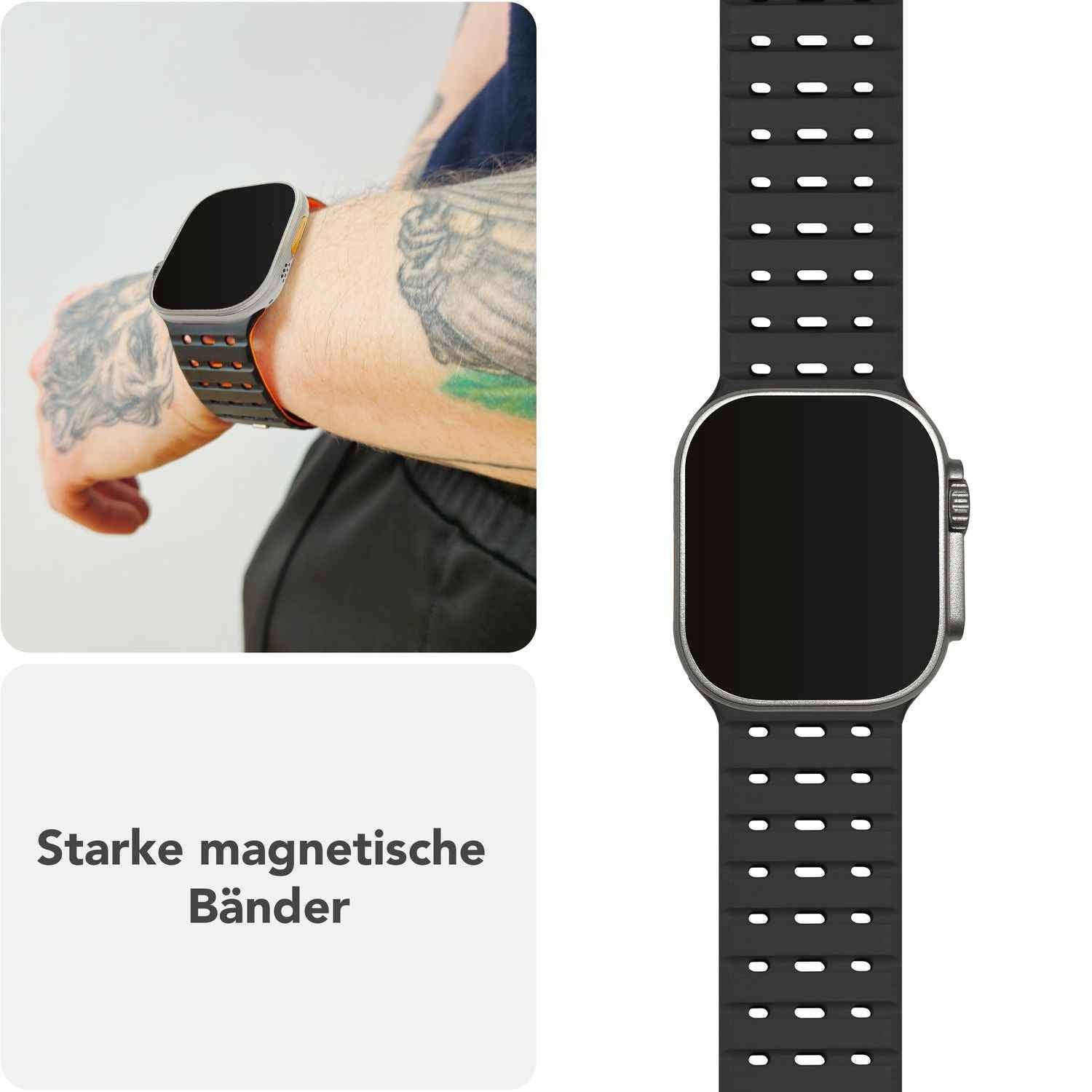 NALIA Volt Armband für Apple Watch Series Ultra/SE/10/9/8/7/6/5/4/3/2/1, Gehäusegröße 42/44/45/49mm, Silikon Magnet Loop Sportarmband mit Steck-Pin Verschluss