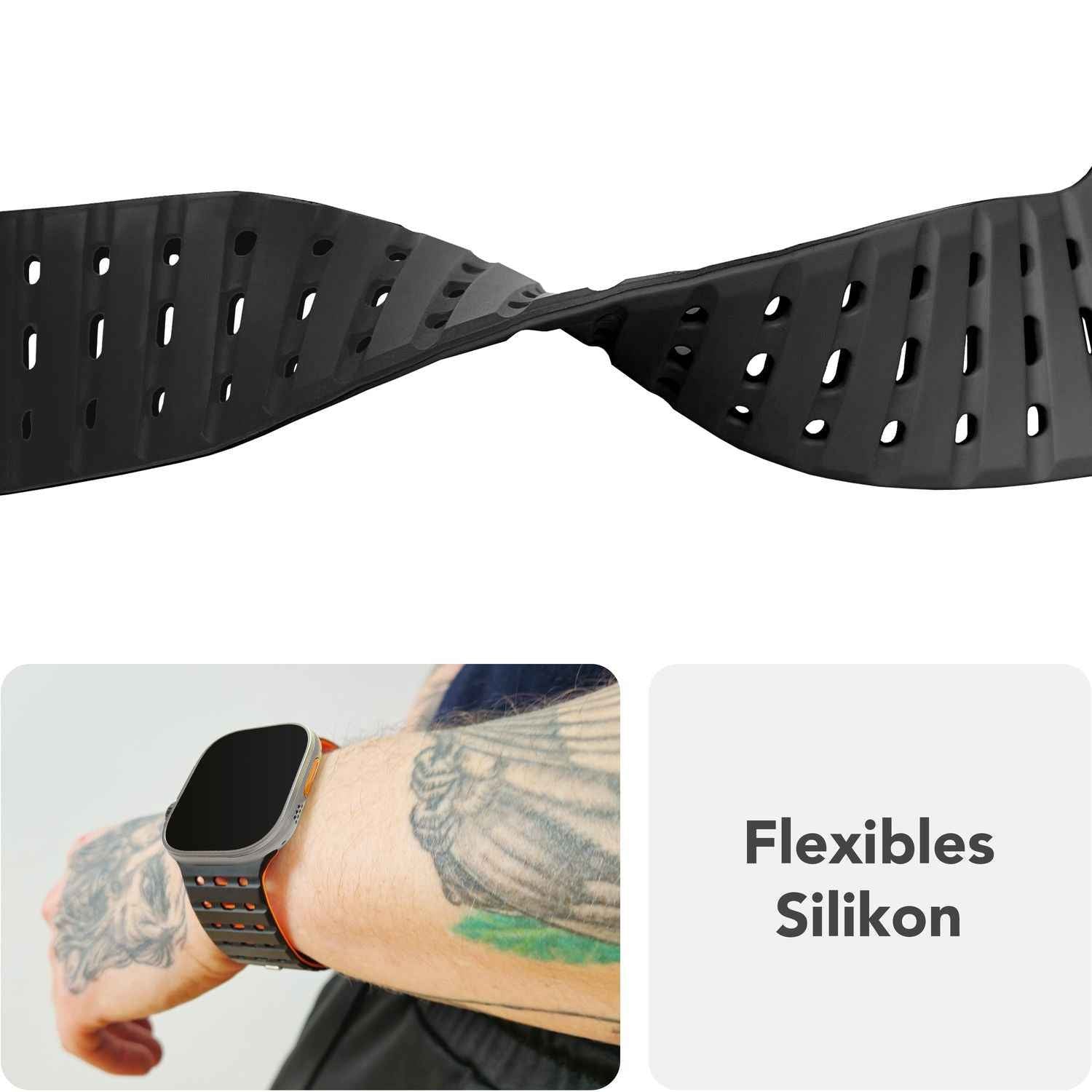 NALIA Volt Armband für Apple Watch Series Ultra/SE/10/9/8/7/6/5/4/3/2/1, Gehäusegröße 42/44/45/49mm, Silikon Magnet Loop Sportarmband mit Steck-Pin Verschluss