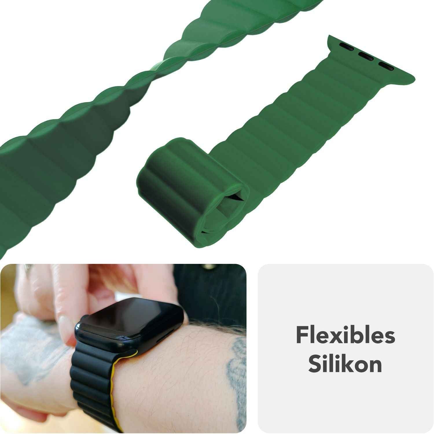 NALIA Core Armband für Apple Watch SE/10/9/8/7/6/5/4/3/2/1, Gehäusegröße 38/40/41/42mm, Atmungsaktives Silikon Magnet Loop Sportarmband mit Rillen Design