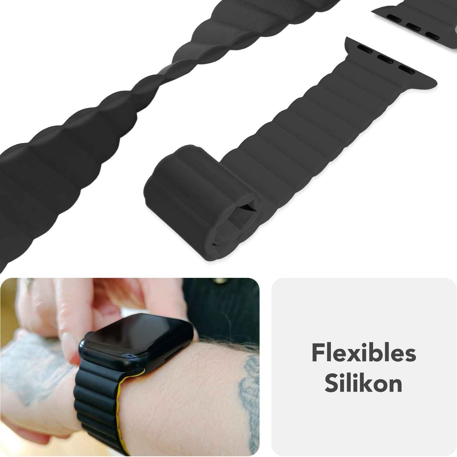 NALIA Core Armband für Apple Watch SE/10/9/8/7/6/5/4/3/2/1, Gehäusegröße 38/40/41/42mm, Atmungsaktives Silikon Magnet Loop Sportarmband mit Rillen Design