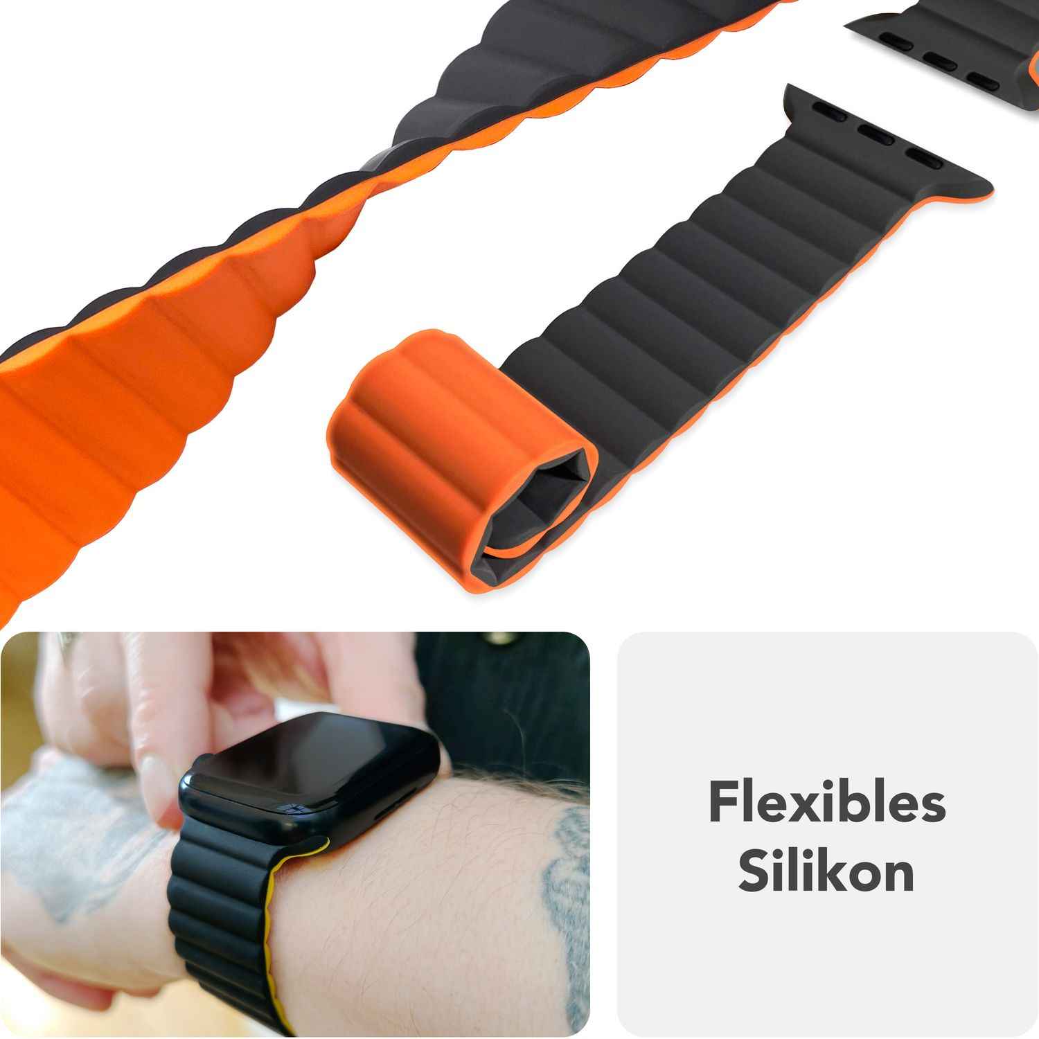 NALIA Core Armband für Apple Watch SE/10/9/8/7/6/5/4/3/2/1, Gehäusegröße 38/40/41/42mm, Atmungsaktives Silikon Magnet Loop Sportarmband mit Rillen Design