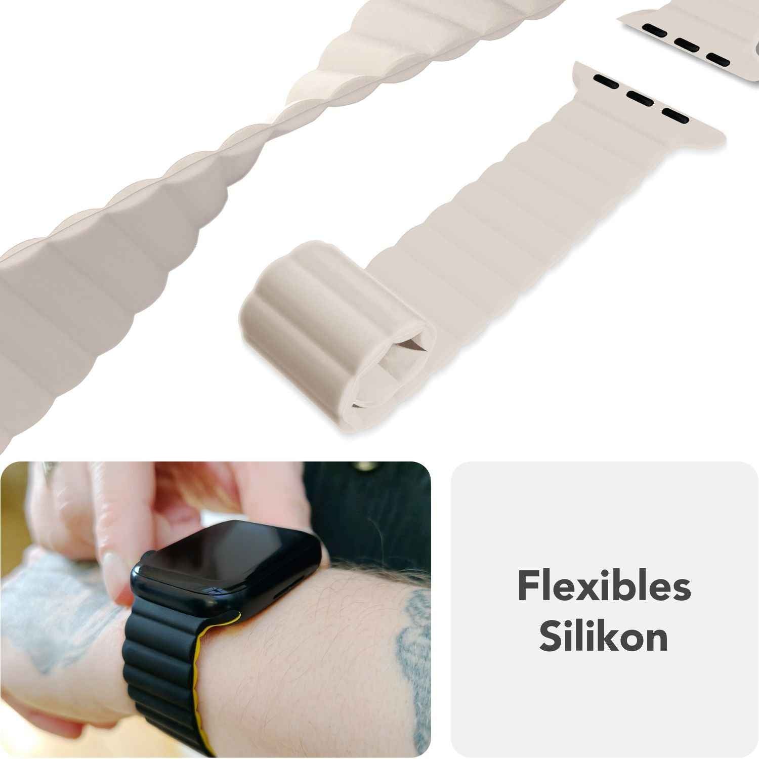 NALIA Core Armband für Apple Watch Ultra/SE/10/9/8/7/6/5/4/3/2/1, Gehäusegröße 42/44/45/46/49mm, Atmungsaktives Silikon Magnet Sportarmband mit Rillen Design