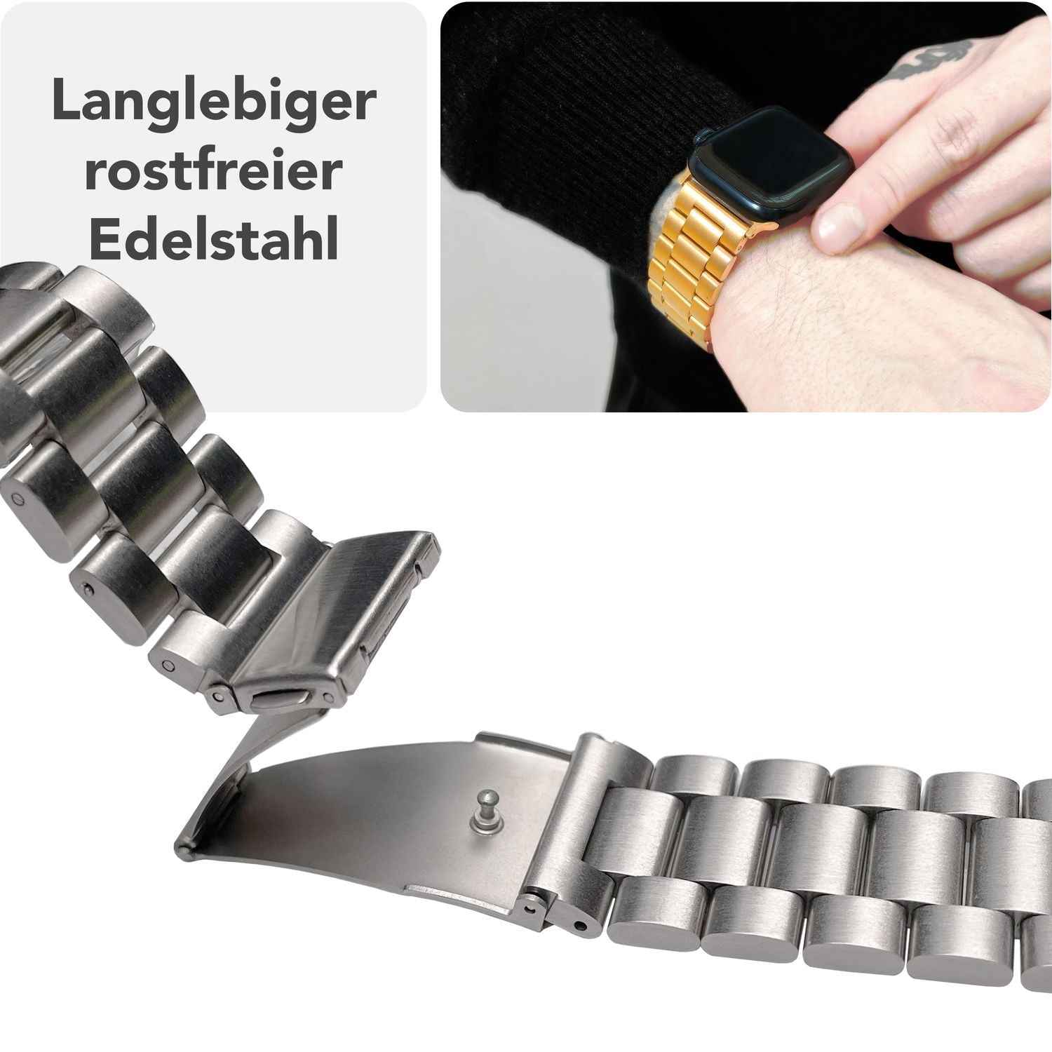 NALIA Mova Armband für Apple Watch SE/10/9/8/7/6/5/4/3/2/1, Gehäusegröße 38/40/41/42mm, Edelstahl Ersatzarmband mit Doppelfaltschließe, Metall Rostfrei