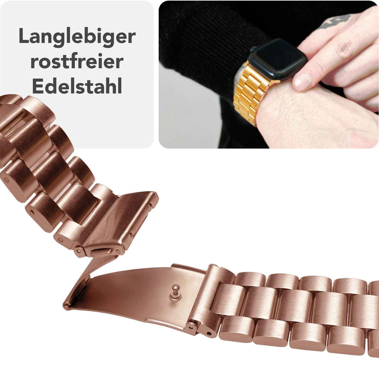 NALIA Mova Armband für Apple Watch SE/10/9/8/7/6/5/4/3/2/1, Gehäusegröße 38/40/41/42mm, Edelstahl Ersatzarmband mit Doppelfaltschließe, Metall Rostfrei