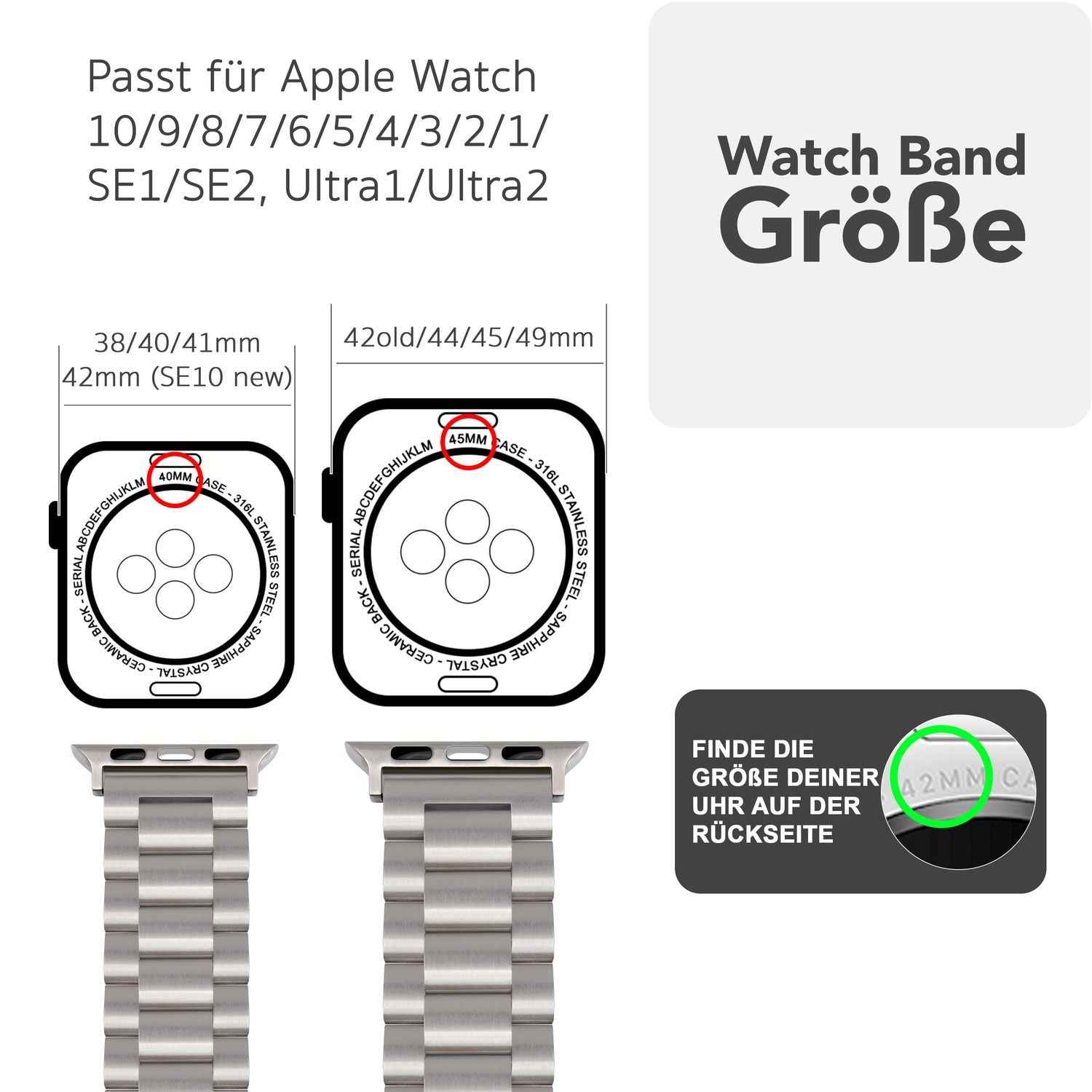 NALIA Mova Armband für Apple Watch Ultra/SE/10/9/8/7/6/5/4/3/2/1, Gehäusegröße 42/44/45/46/49mm, Edelstahl Ersatzarmband mit Doppelfaltschließe, Metall Rostfrei