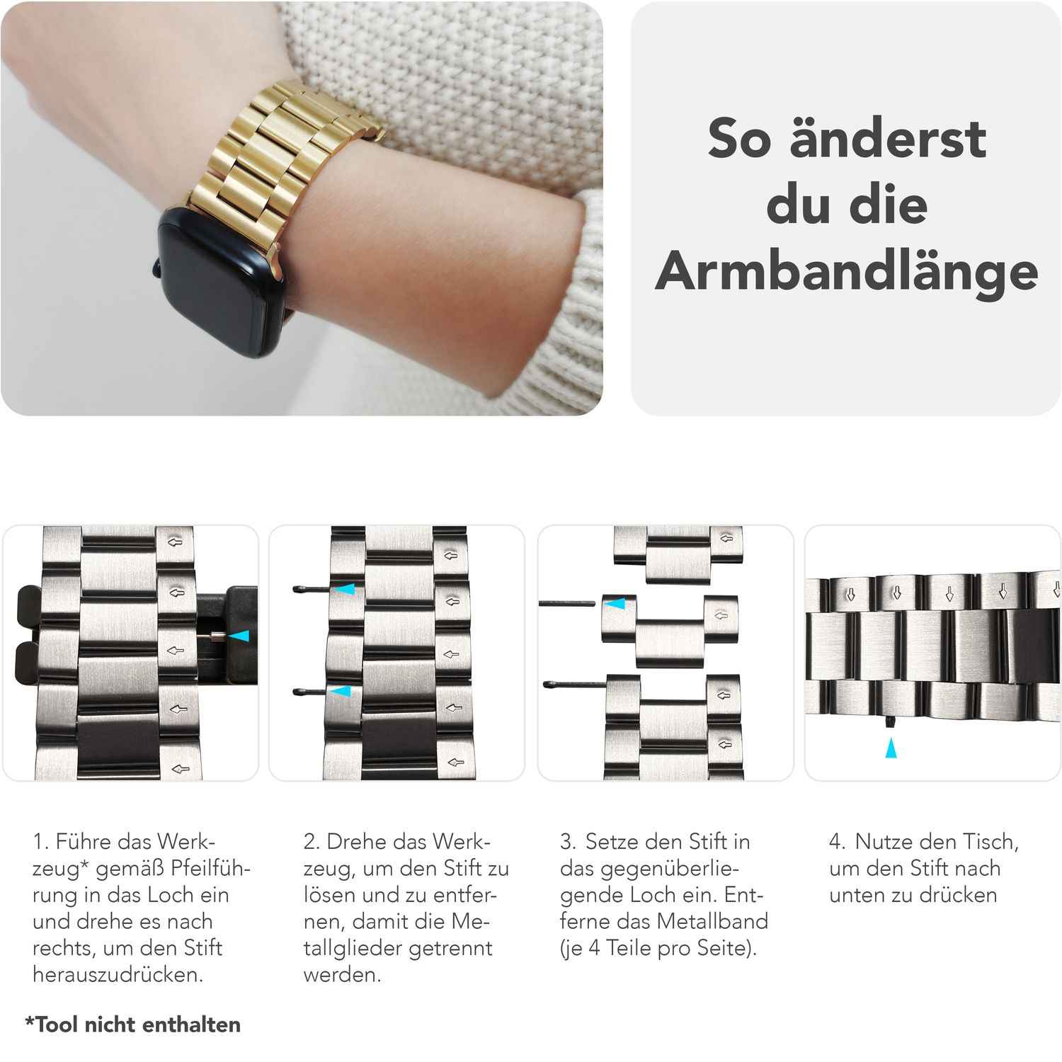 NALIA Mova Armband für Apple Watch Ultra/SE/10/9/8/7/6/5/4/3/2/1, Gehäusegröße 42/44/45/46/49mm, Edelstahl Ersatzarmband mit Doppelfaltschließe, Metall Rostfrei