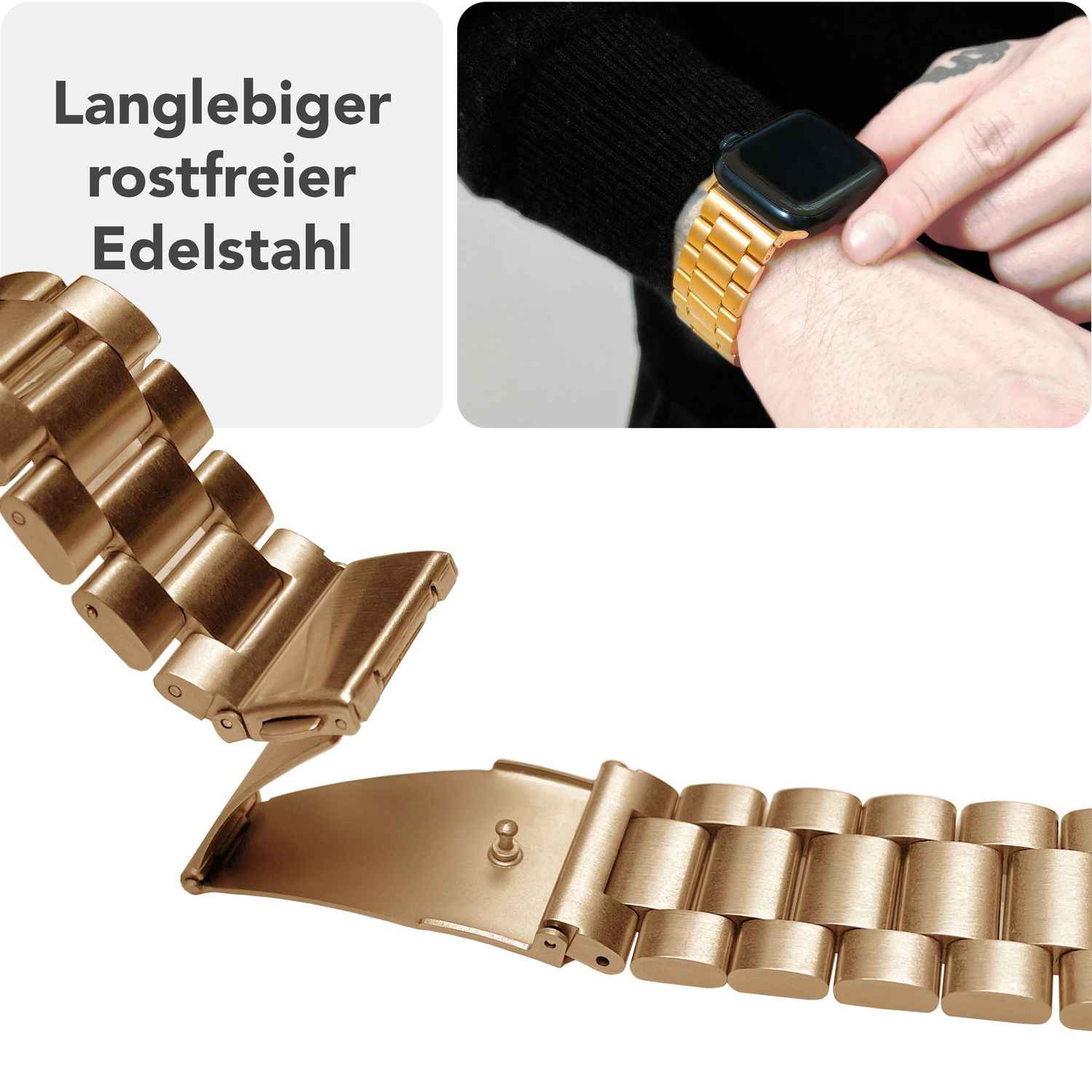 NALIA Mova Armband für Apple Watch Ultra/SE/10/9/8/7/6/5/4/3/2/1, Gehäusegröße 42/44/45/46/49mm, Edelstahl Ersatzarmband mit Doppelfaltschließe, Metall Rostfrei