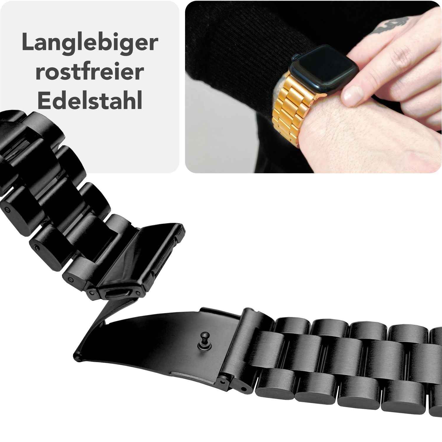 NALIA Mova Armband für Apple Watch Ultra/SE/10/9/8/7/6/5/4/3/2/1, Gehäusegröße 42/44/45/46/49mm, Edelstahl Ersatzarmband mit Doppelfaltschließe, Metall Rostfrei