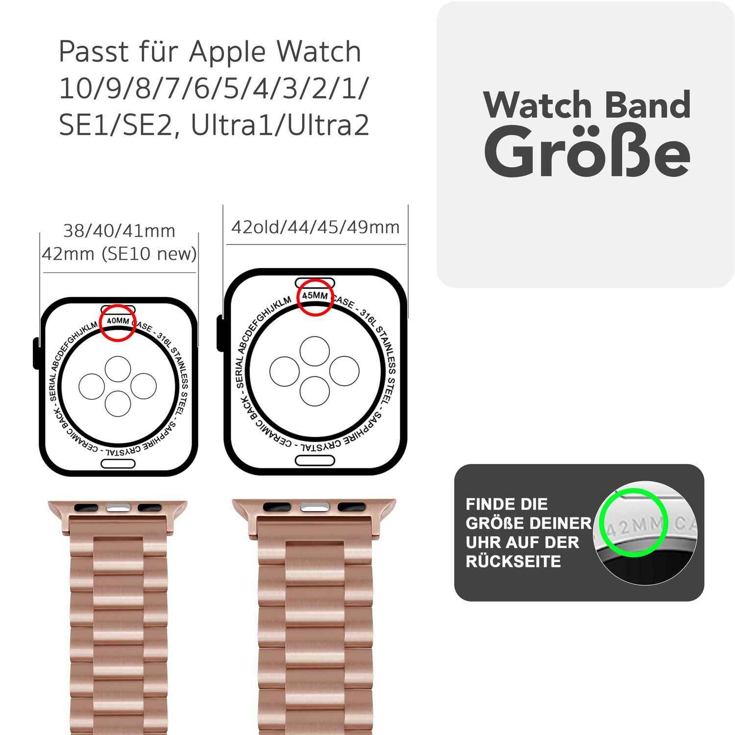 NALIA Mova Armband für Apple Watch Ultra/SE/10/9/8/7/6/5/4/3/2/1, Gehäusegröße 42/44/45/46/49mm, Edelstahl Ersatzarmband mit Doppelfaltschließe, Metall Rostfrei