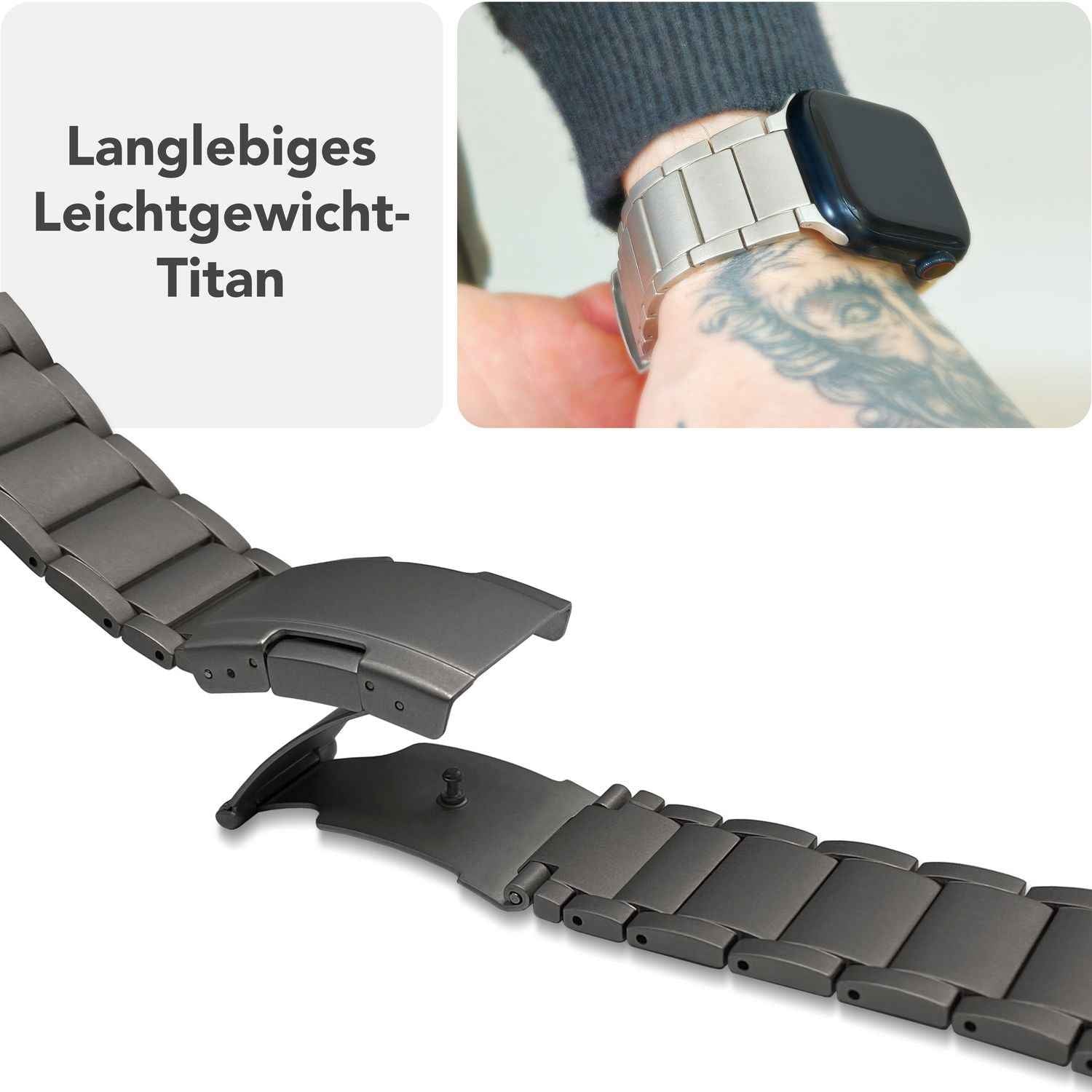 NALIA Argon Titan Armband für Apple Watch SE/10/9/8/7/6/5/4/3/2/1, Gehäusegröße 38/40/41/42mm, Rostfreies Metall Ersatzarmband mit Faltschließe