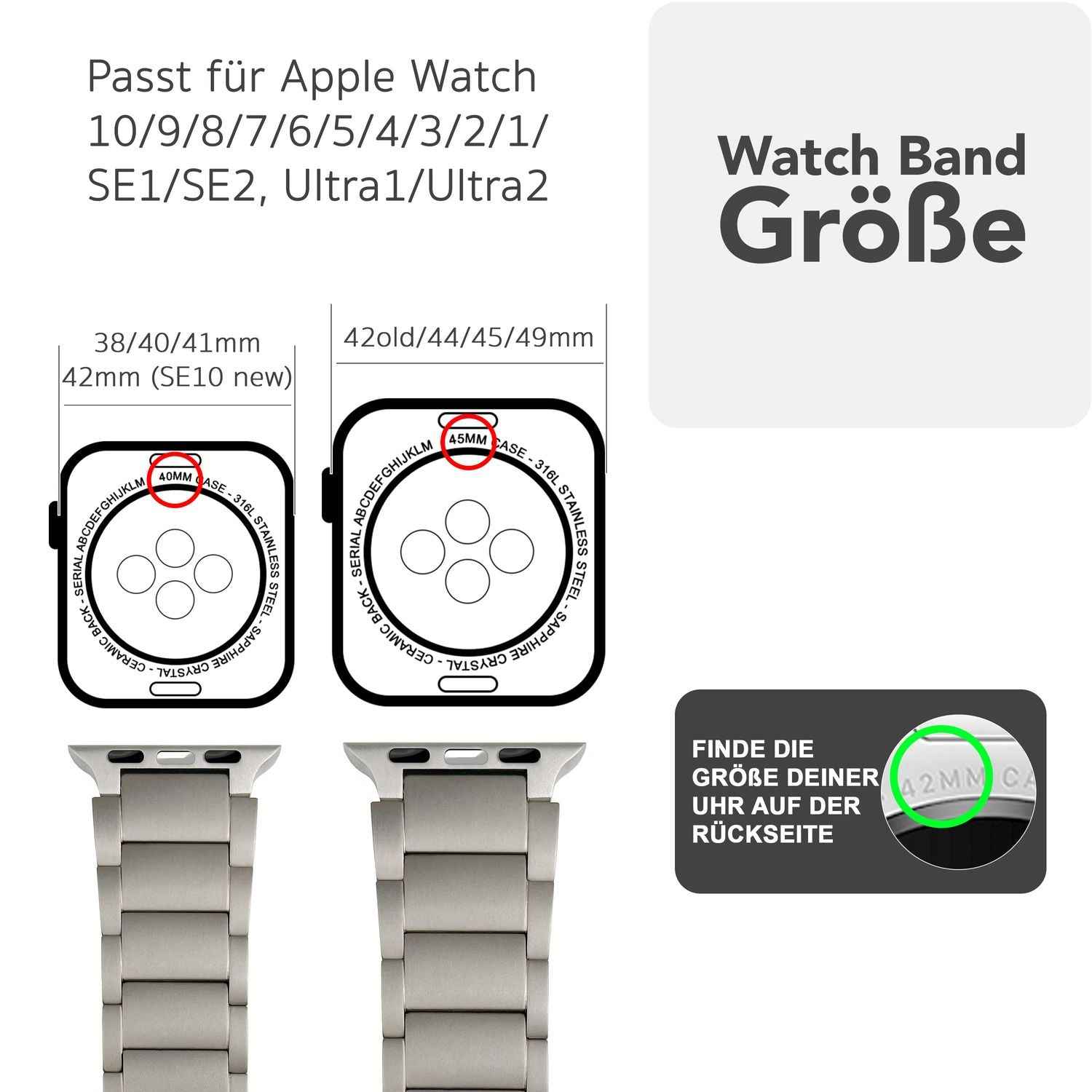 NALIA Argon Titan Armband für Apple Watch SE/10/9/8/7/6/5/4/3/2/1, Gehäusegröße 38/40/41/42mm, Rostfreies Metall Ersatzarmband mit Faltschließe