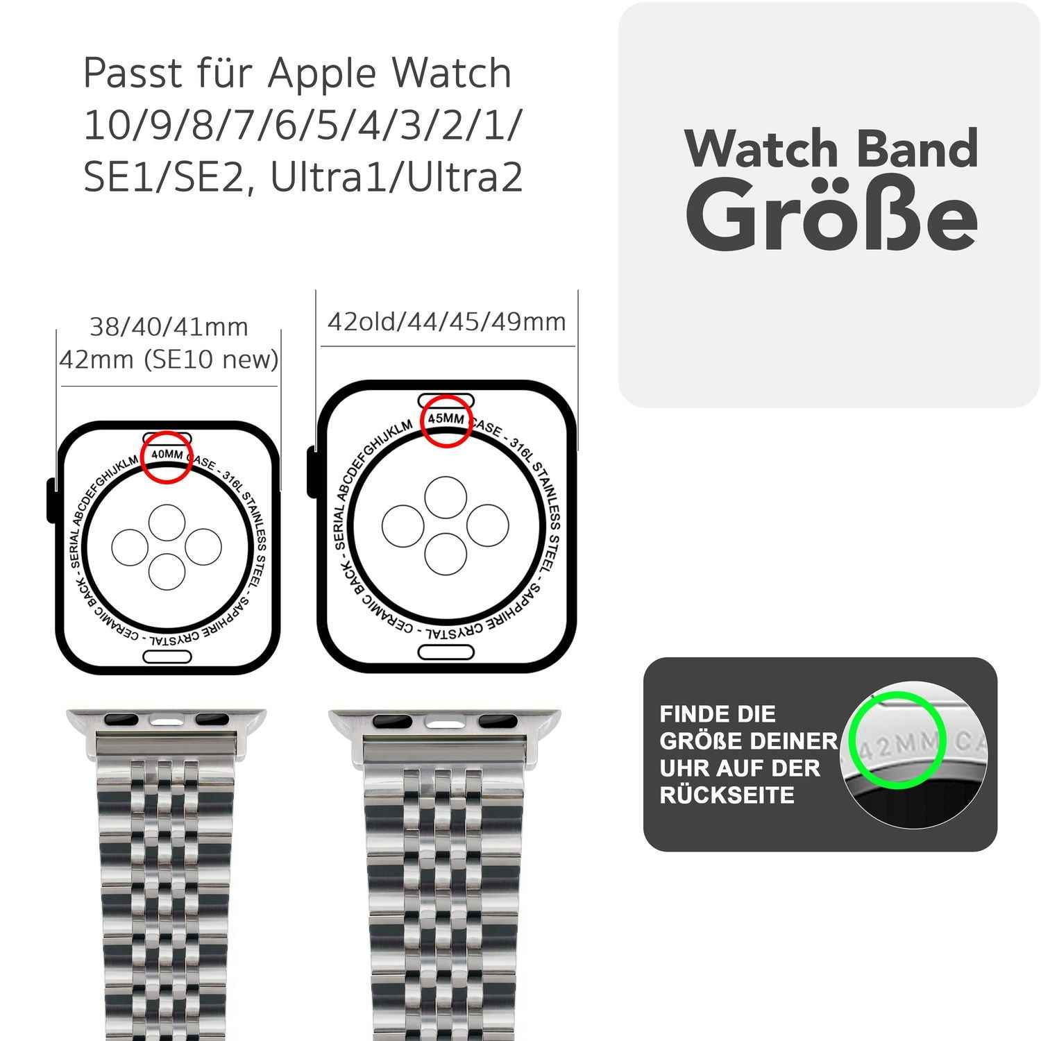 NALIA Trivo Edelstahl Armband für Apple Watch SE/10/9/8/7/6/5/4/3/2/1, Gehäusegröße 38/40/41/42mm, Metall Ersatzarmband Rostfrei mit Schmetterlingsschließe