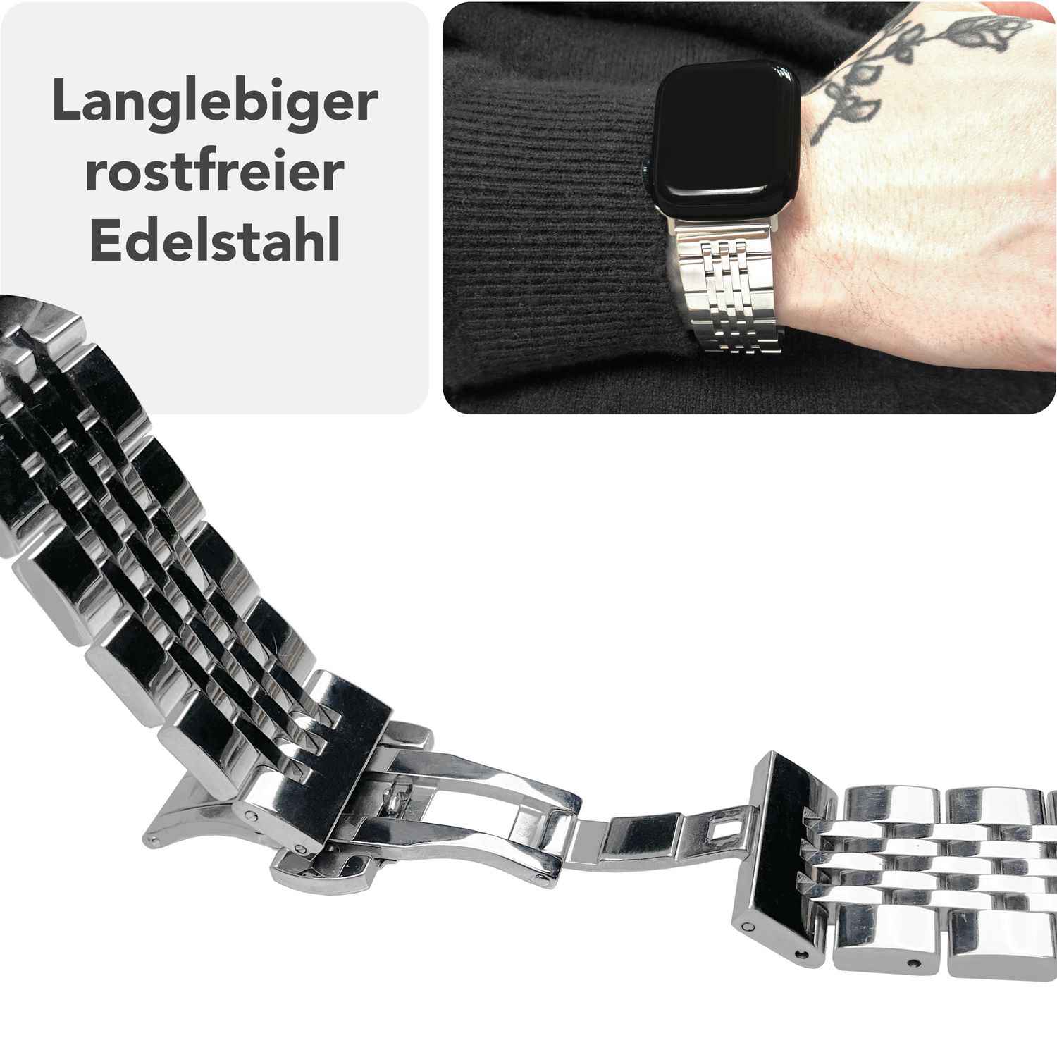 NALIA Trivo Edelstahl Armband für Apple Watch Ultra/SE/10/9/8/7/6/5/4/3/2/1, Gehäusegröße 42/44/45/46/49mm, Metall Ersatzarmband Rostfrei mit Schmetterlingsschließe