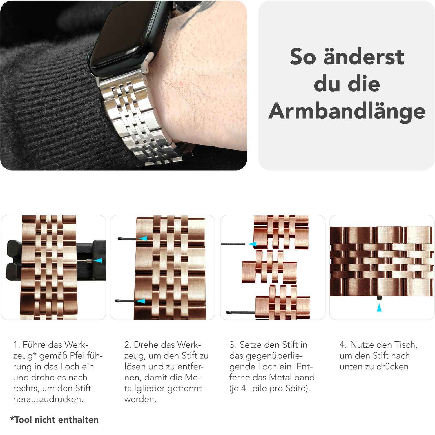 NALIA Trivo Edelstahl Armband für Apple Watch Ultra/SE/10/9/8/7/6/5/4/3/2/1, Gehäusegröße 42/44/45/46/49mm, Metall Ersatzarmband Rostfrei mit Schmetterlingsschließe