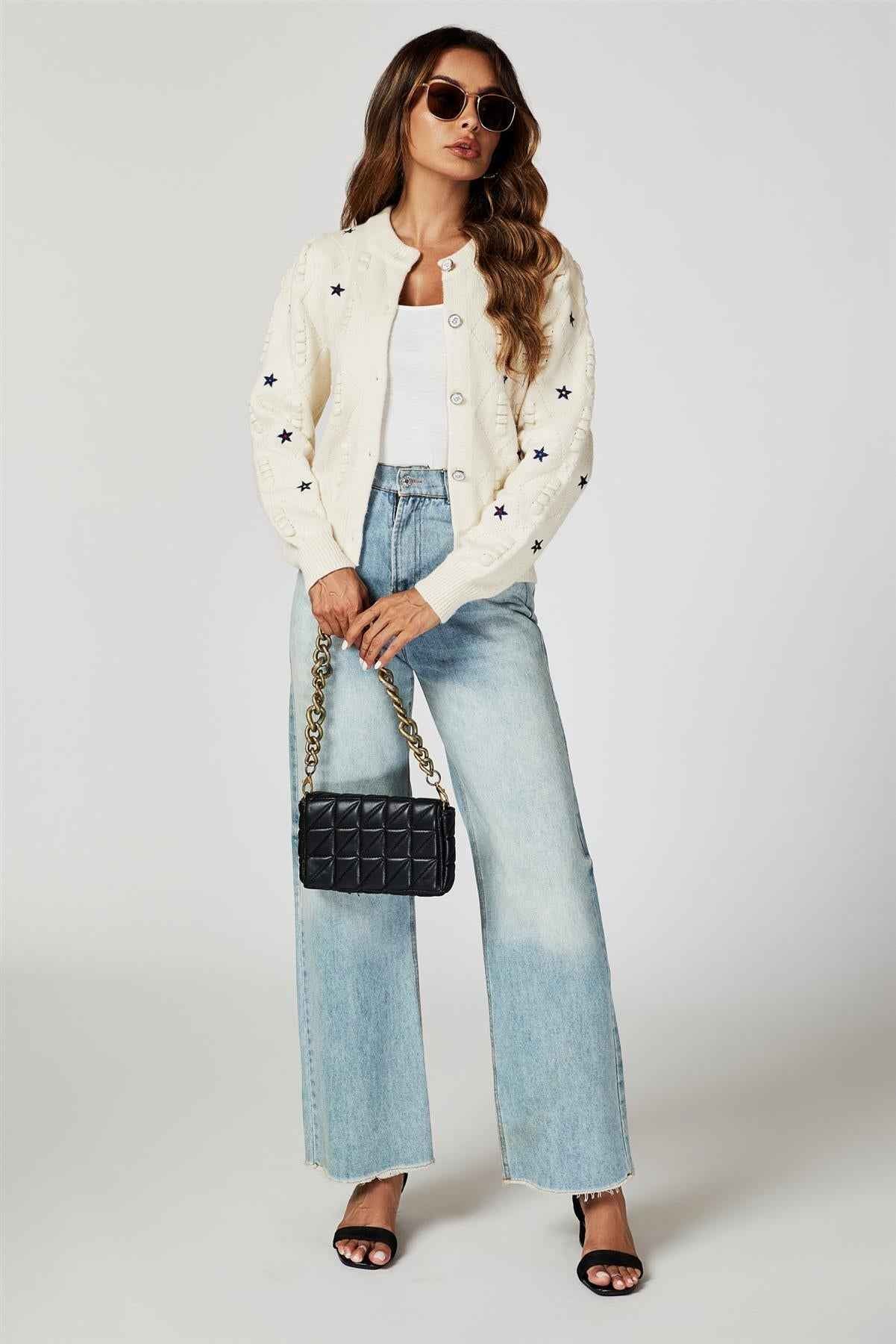 Star Embroidered Knitted Cardigan In Bone White