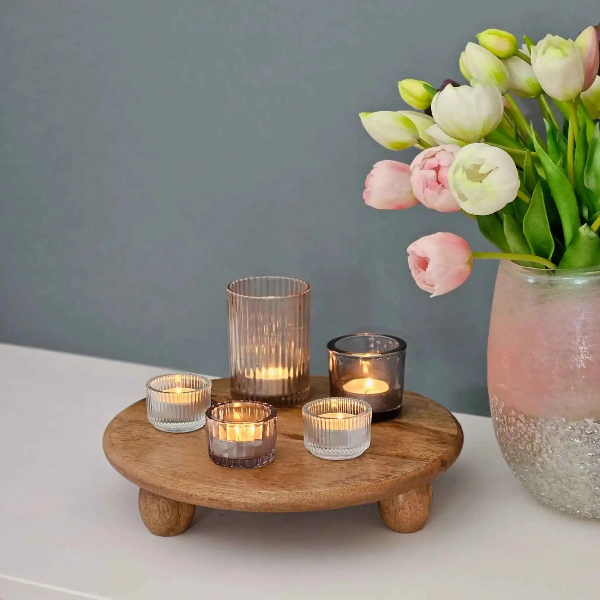 Dekoteller rund auf Füßen Kerzentablett Mangoholz 29 cm Holztablett Blumenhocker Dekorativ