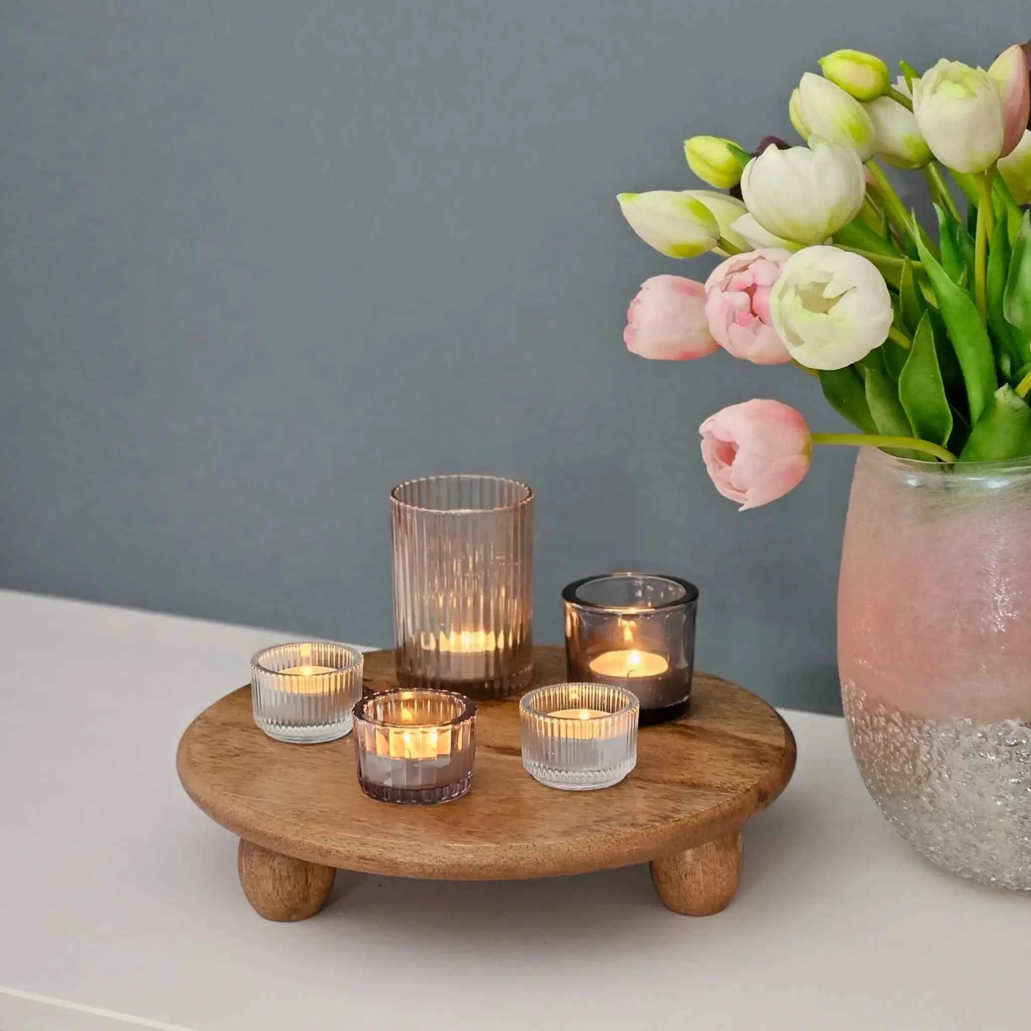 Dekoteller rund auf Füßen Kerzentablett Mangoholz 29 cm Holztablett Blumenhocker Dekorativ