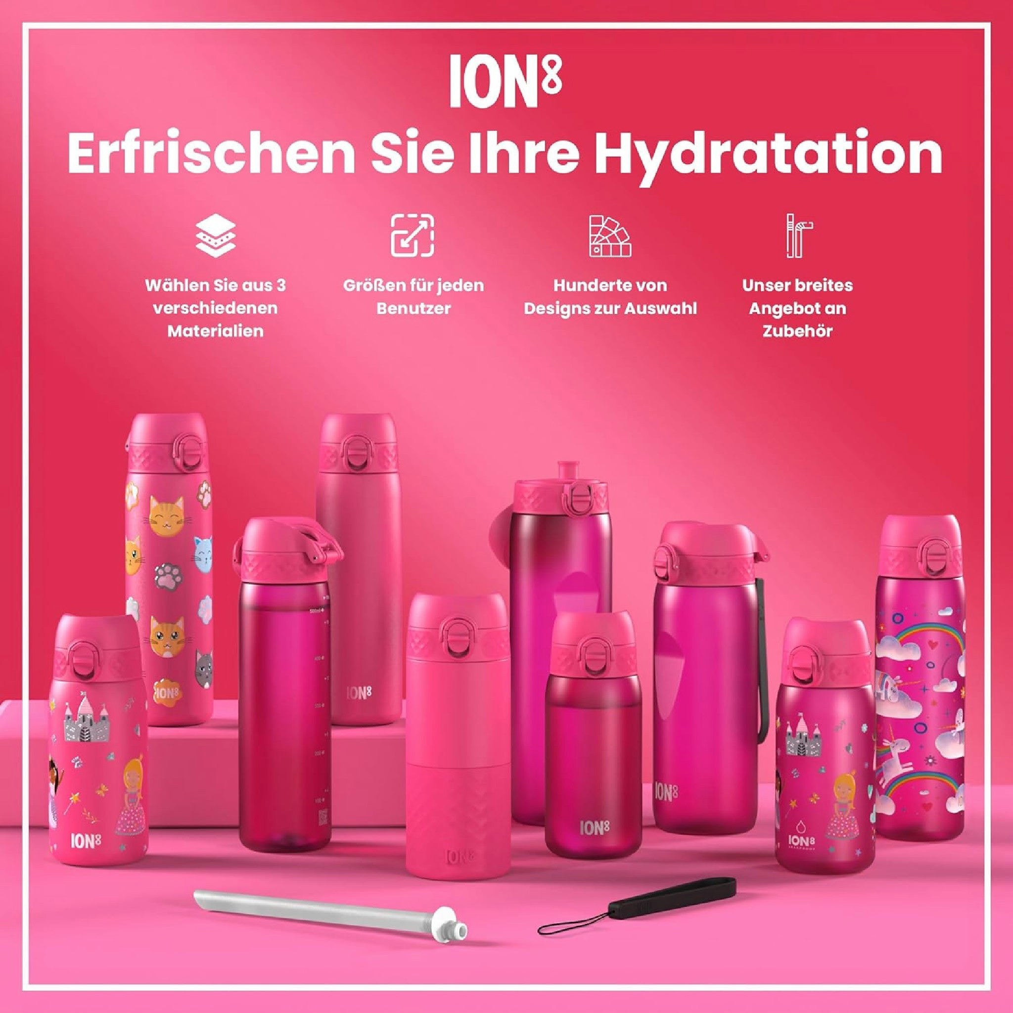 Ion8 Borraccia Acciaio per Bambini, 400ml, a Prova di Perdite, Facile da Aprire, Serratura Sicura, Lavabile in Lavastoviglie, Maniglia per il Trasporto, Facile Pulizia, Durevole, Design Principessa Hauptansicht