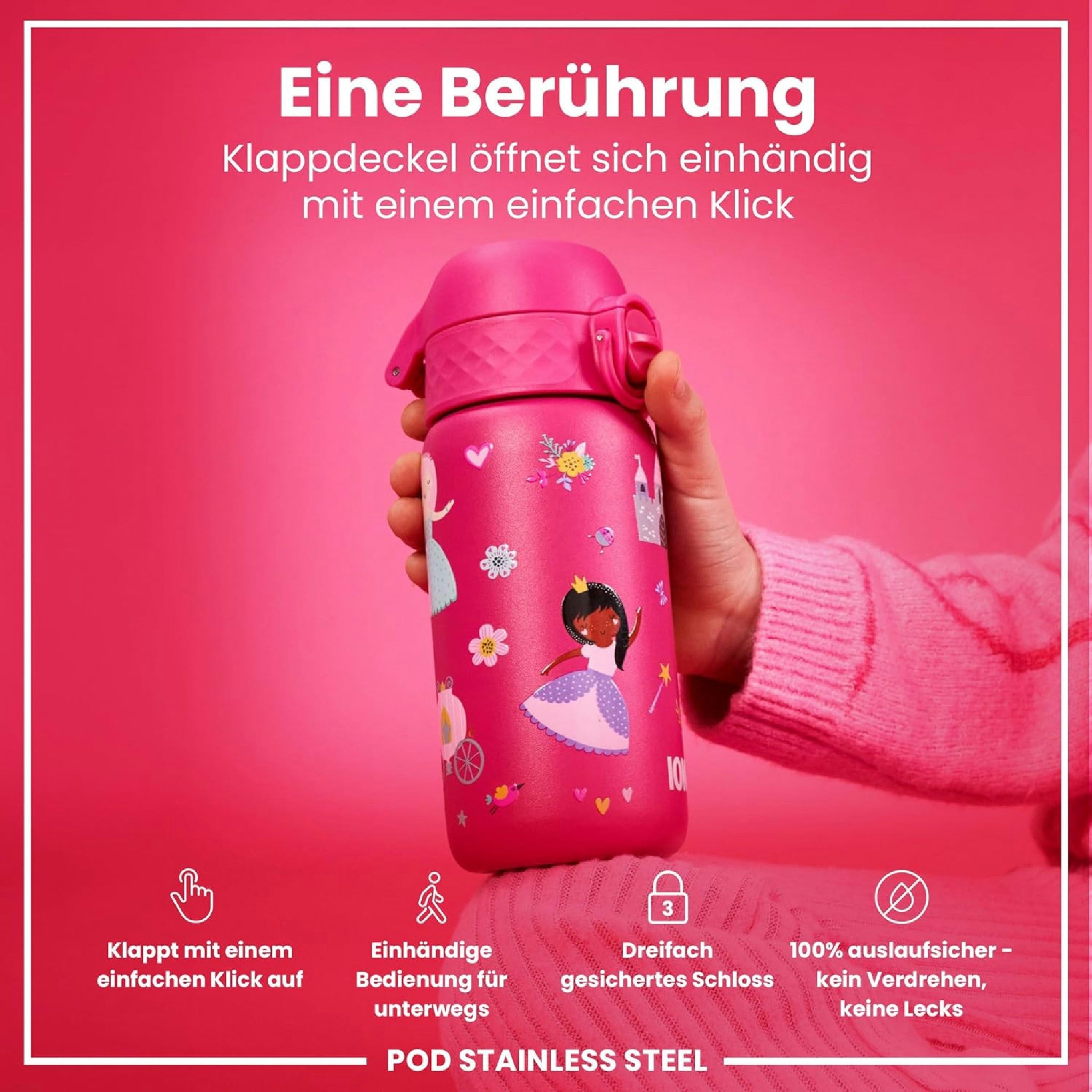 Ion8 Borraccia Acciaio per Bambini, 400ml, a Prova di Perdite, Facile da Aprire, Serratura Sicura, Lavabile in Lavastoviglie, Maniglia per il Trasporto, Facile Pulizia, Durevole, Design Principessa Hauptansicht