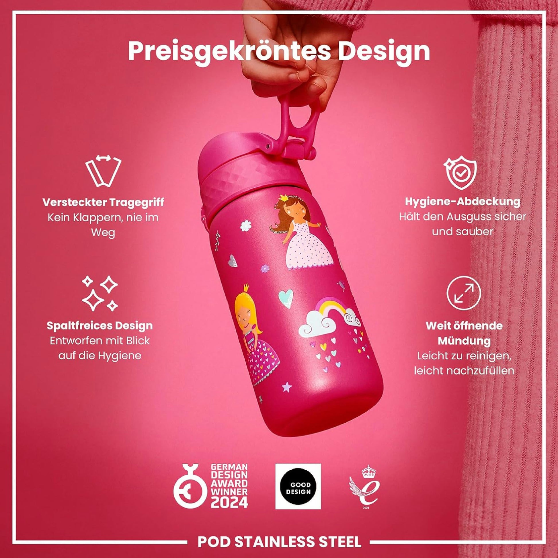 Ion8 Borraccia Acciaio per Bambini, 400ml, a Prova di Perdite, Facile da Aprire, Serratura Sicura, Lavabile in Lavastoviglie, Maniglia per il Trasporto, Facile Pulizia, Durevole, Design Principessa Hauptansicht