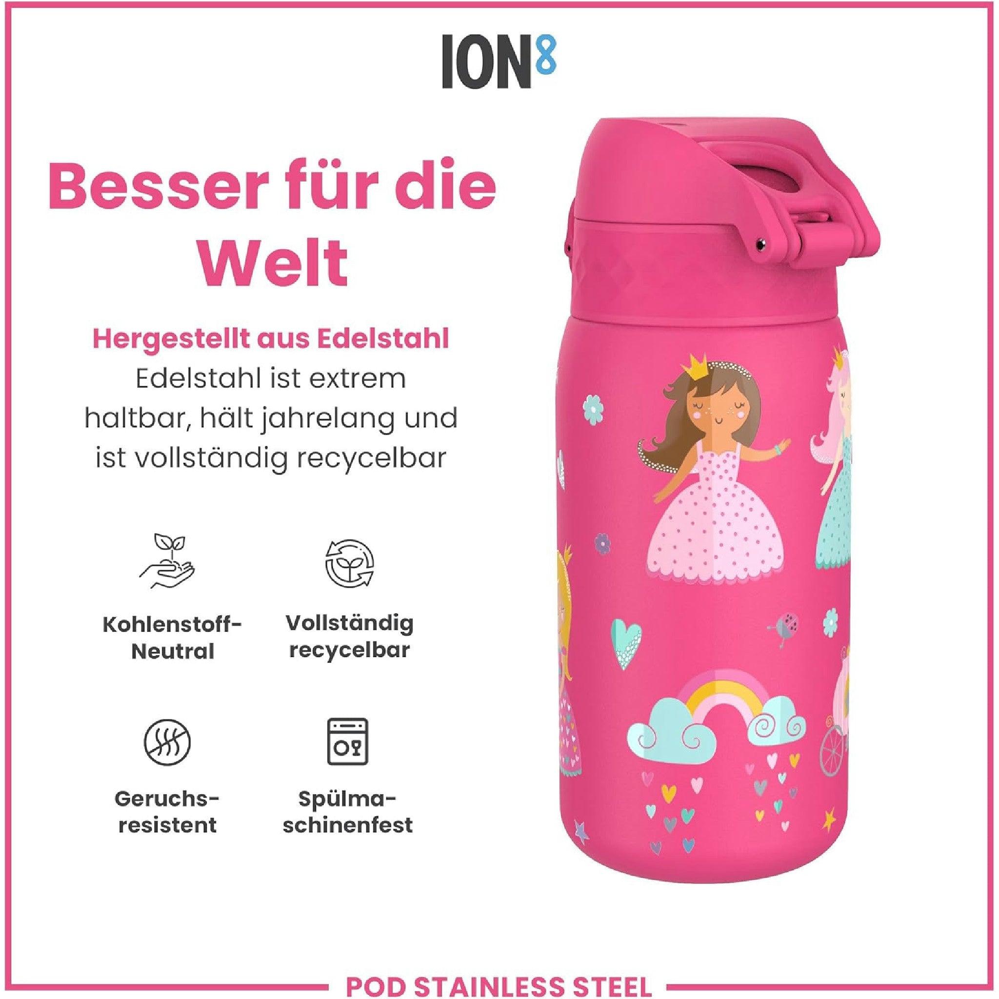 Ion8 Borraccia Acciaio per Bambini, 400ml, a Prova di Perdite, Facile da Aprire, Serratura Sicura, Lavabile in Lavastoviglie, Maniglia per il Trasporto, Facile Pulizia, Durevole, Design Principessa Hauptansicht
