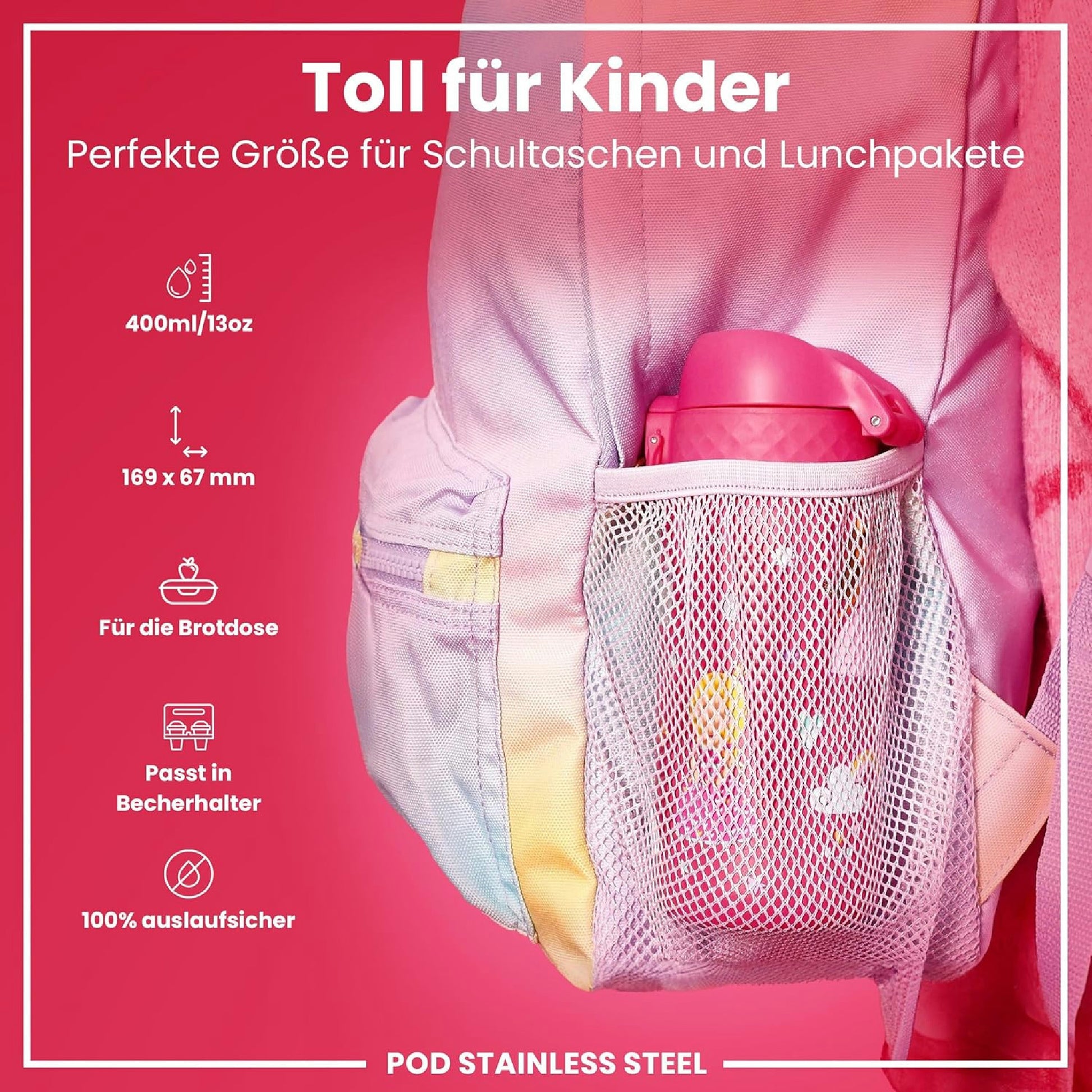 Ion8 Borraccia Acciaio per Bambini, 400ml, a Prova di Perdite, Facile da Aprire, Serratura Sicura, Lavabile in Lavastoviglie, Maniglia per il Trasporto, Facile Pulizia, Durevole, Design Principessa Hauptansicht