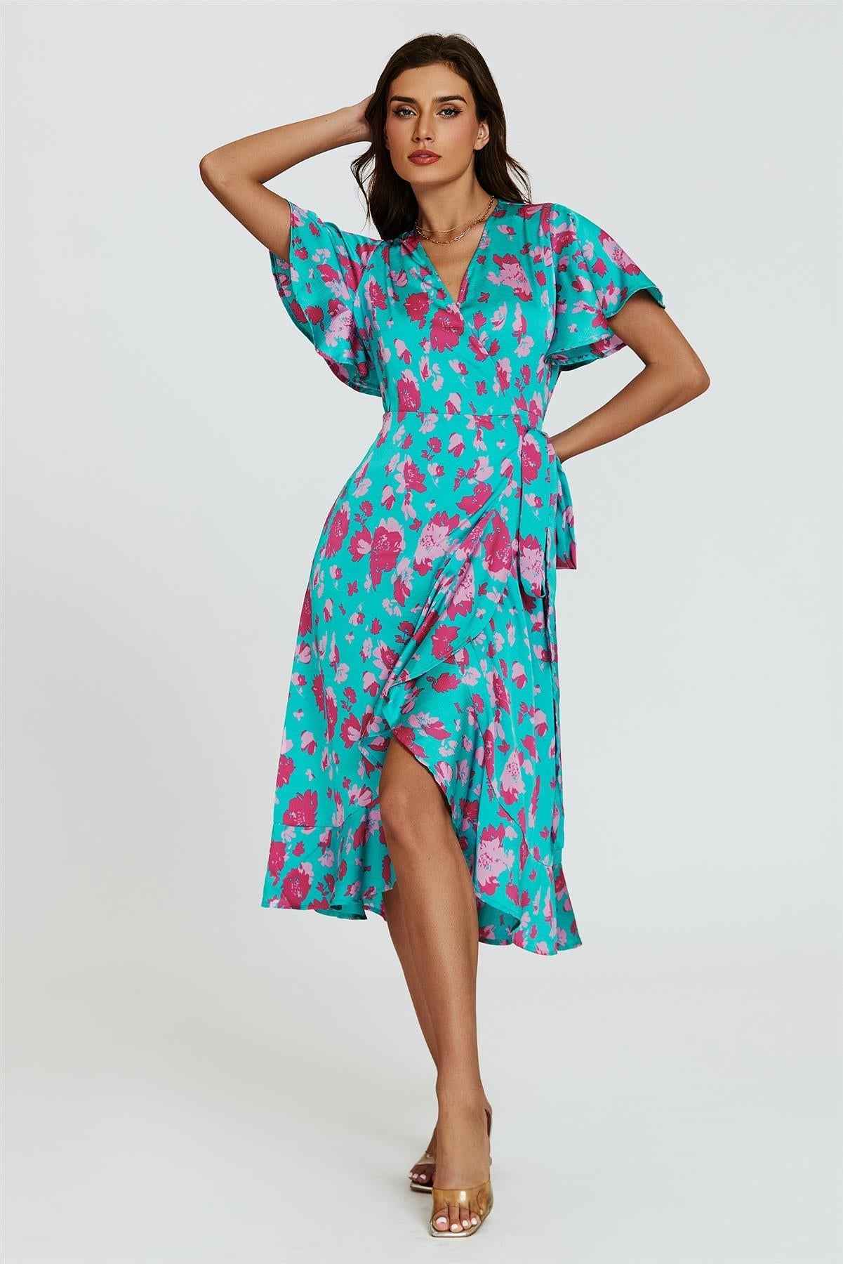 Turquoise & Hot Pink Print Angel Sleeve Wrap Midi Dress
