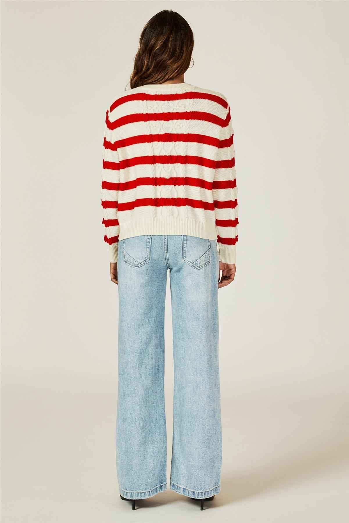 Stripe Pattern Knitted Cardigan In Red
