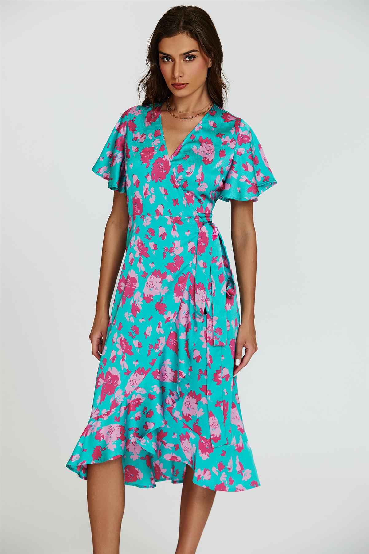 Turquoise & Hot Pink Print Angel Sleeve Wrap Midi Dress