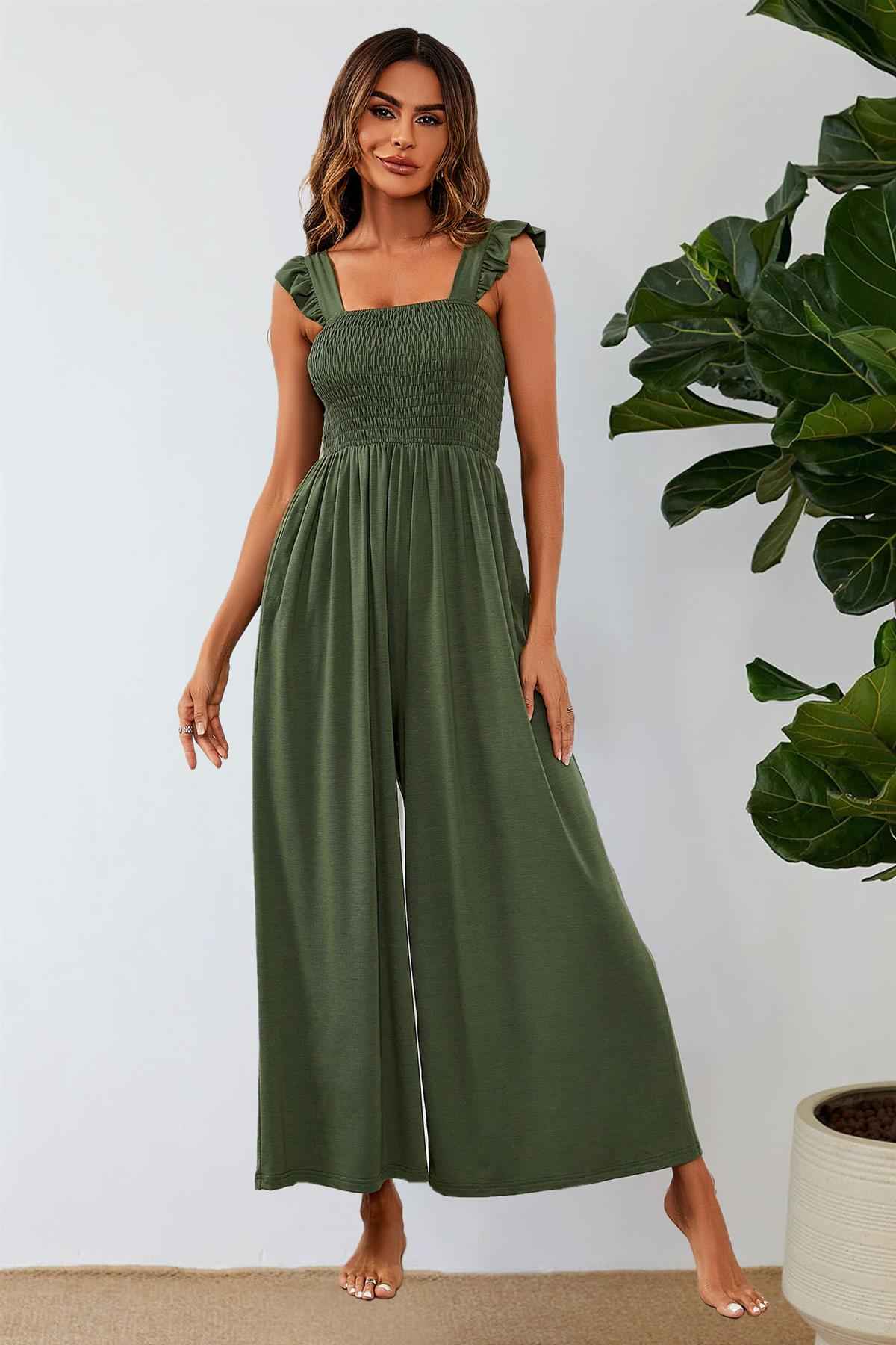 Frill Detail Strappy Jumpsuit In Olive