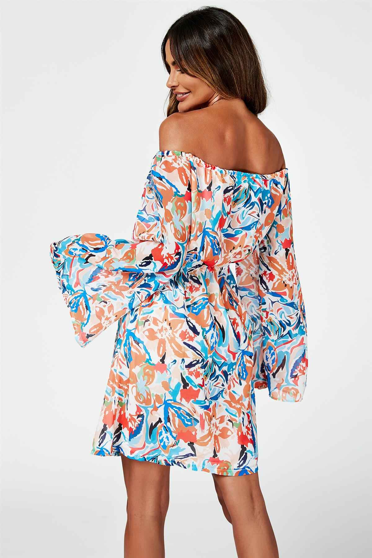 Flute Sleeve Bardot Dress With Tie Detail In Orange