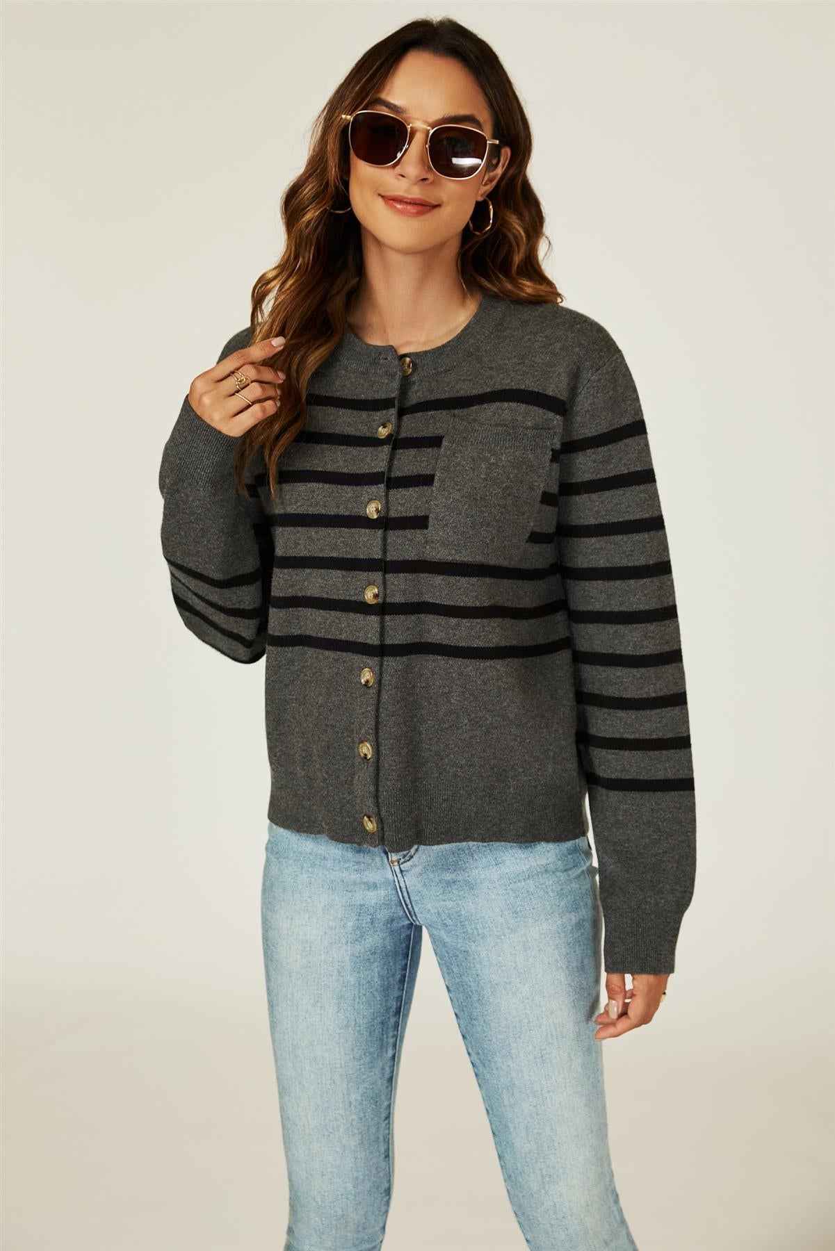 Pocket Stripe Knitted Cardigan In Dark Grey