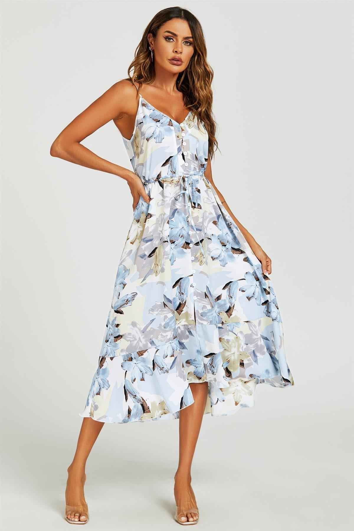 Floral Print Button Down High Low Strappy Dress In Blue