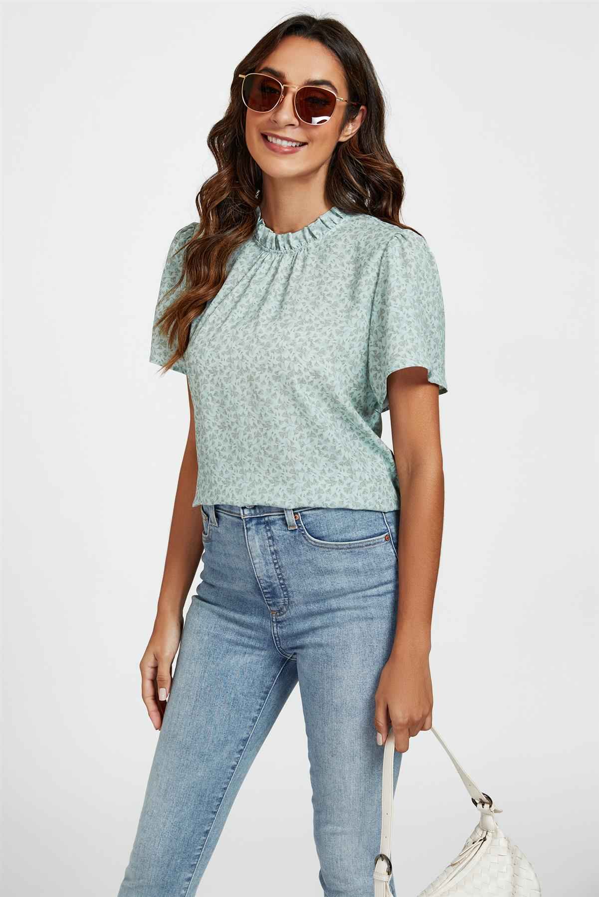 Grey Little Floral Print Angle Sleeve High Neck Top/Blouse In Blue