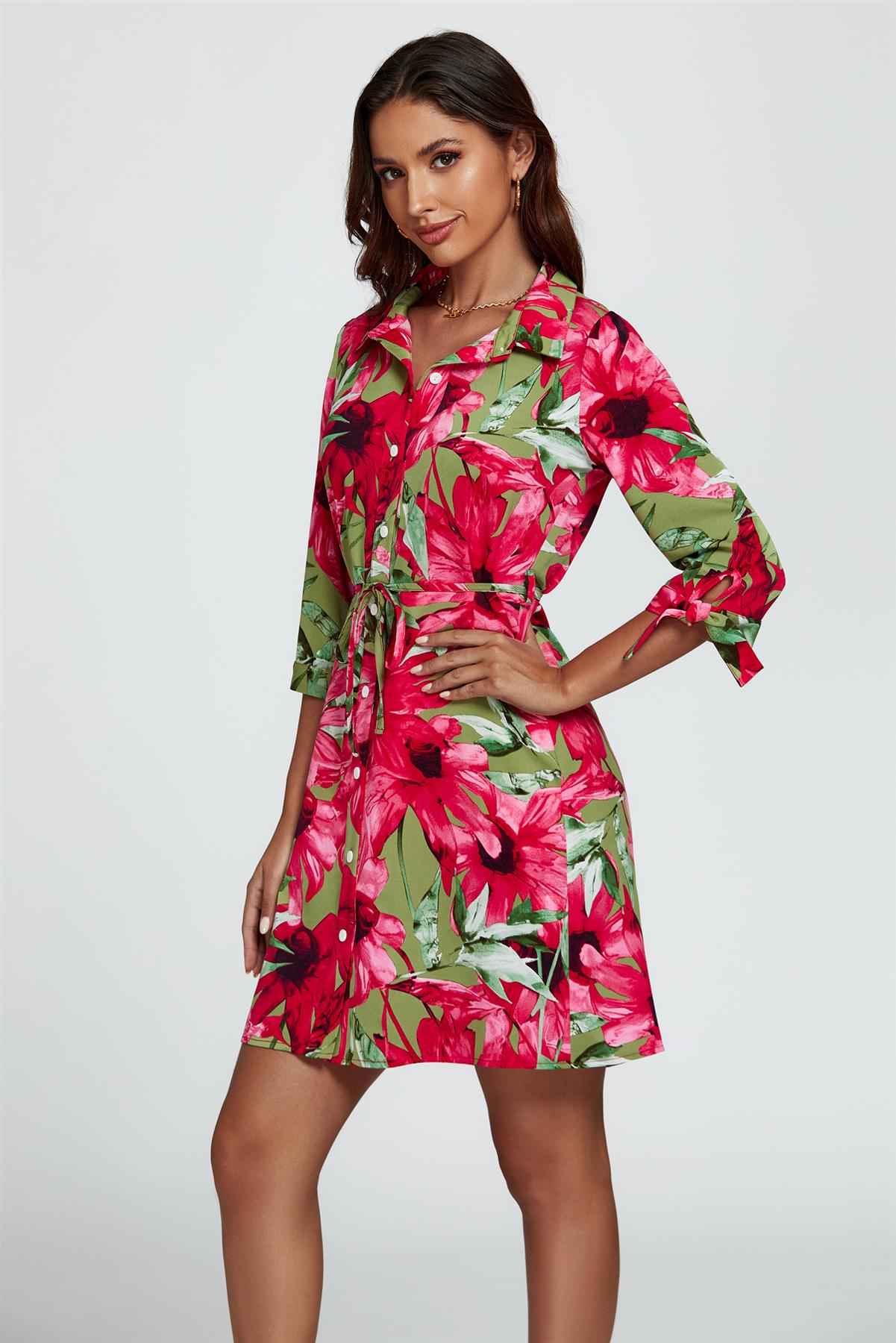 Floral Print Shirt Mini Dress In Red