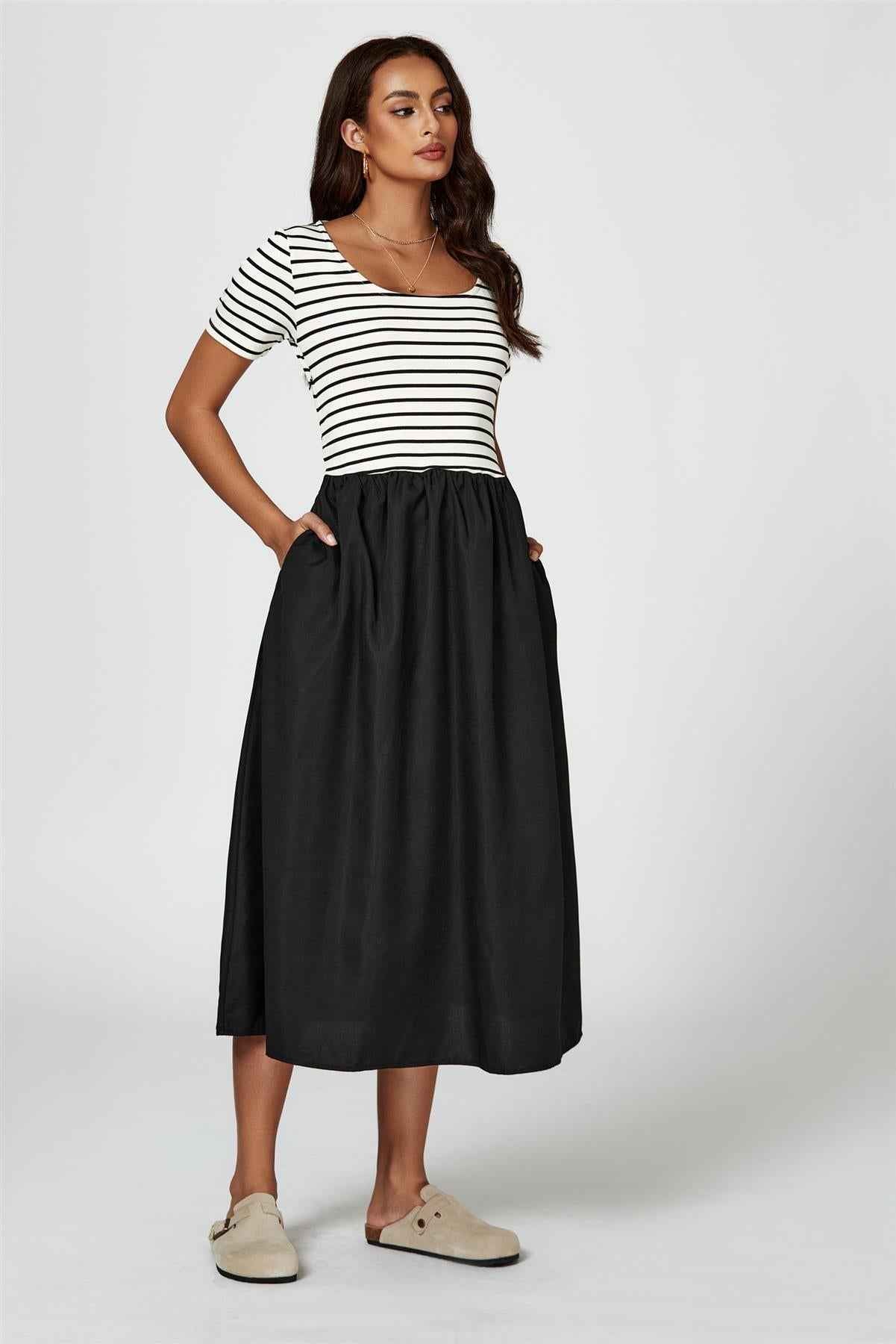 Short Sleeve Black Stripe Midi Dress In White
