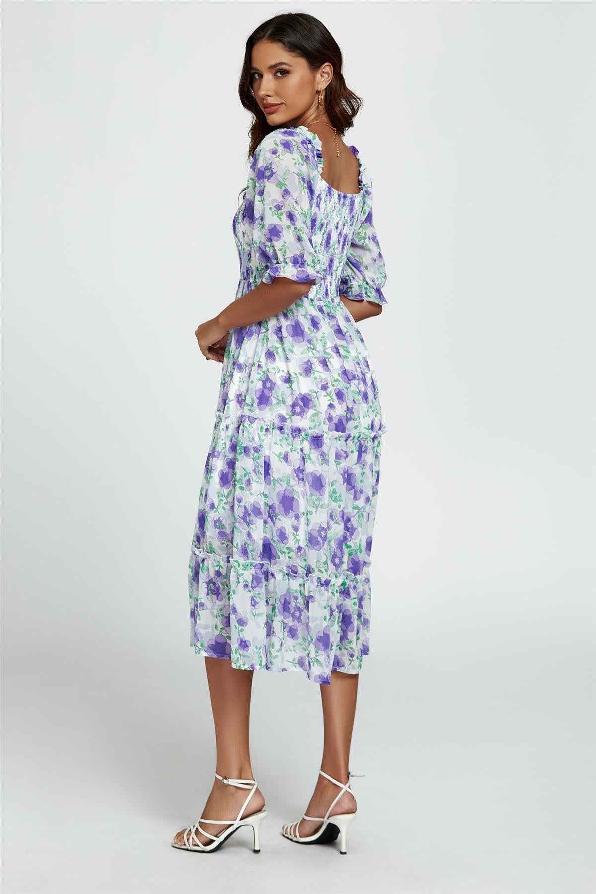 Floral Print Bardot Puff Sleeve Elasticated Detail Midi Dress In White