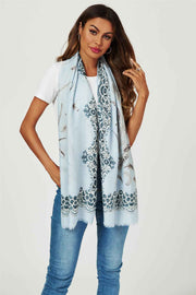 Geometric & Feather & Lace Print Scarf In Blue