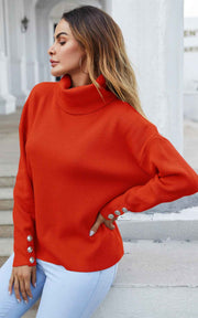 Button Detail On Sleeve Jumper Top With High Neck In Orange Red