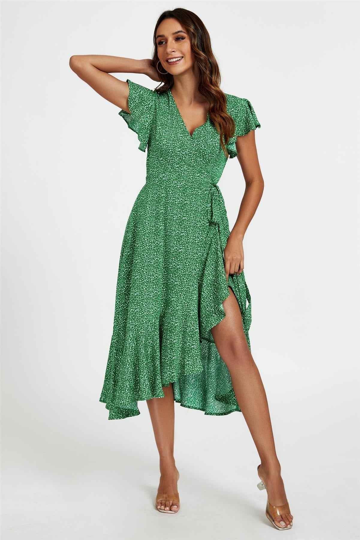 Little Floral Frill Sleeve Midi Wrap Dress In Green