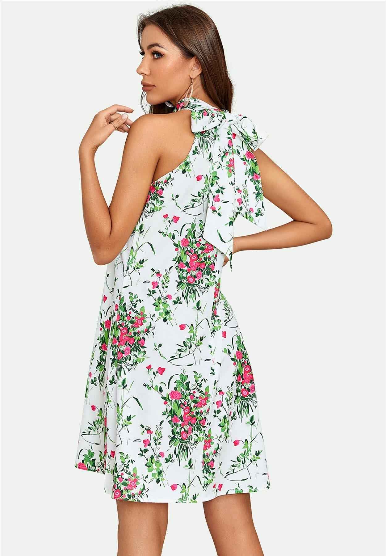 Pink Floral Print Halter Neck Tie Back Mini Dress In White