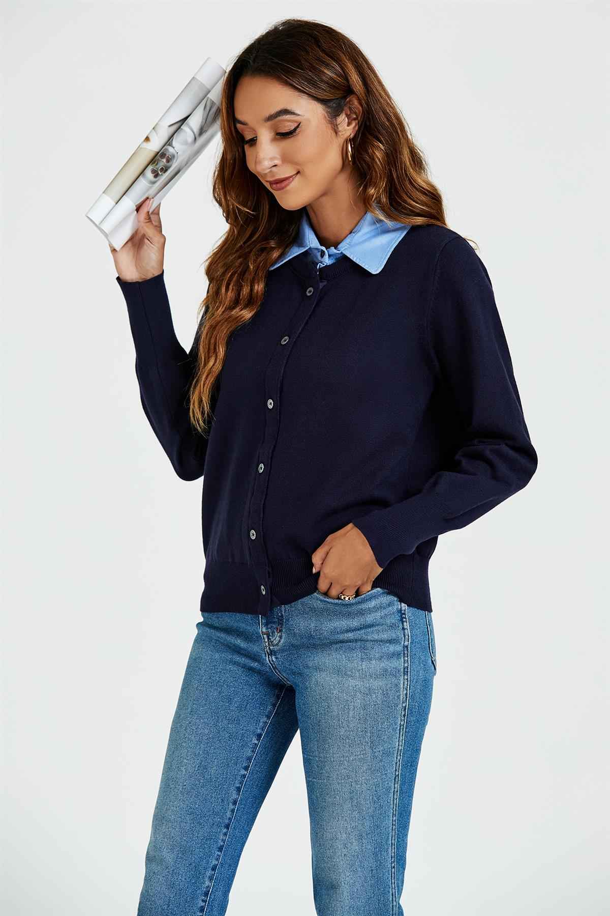 Shirt Collar Knitted Cardigan In Navy