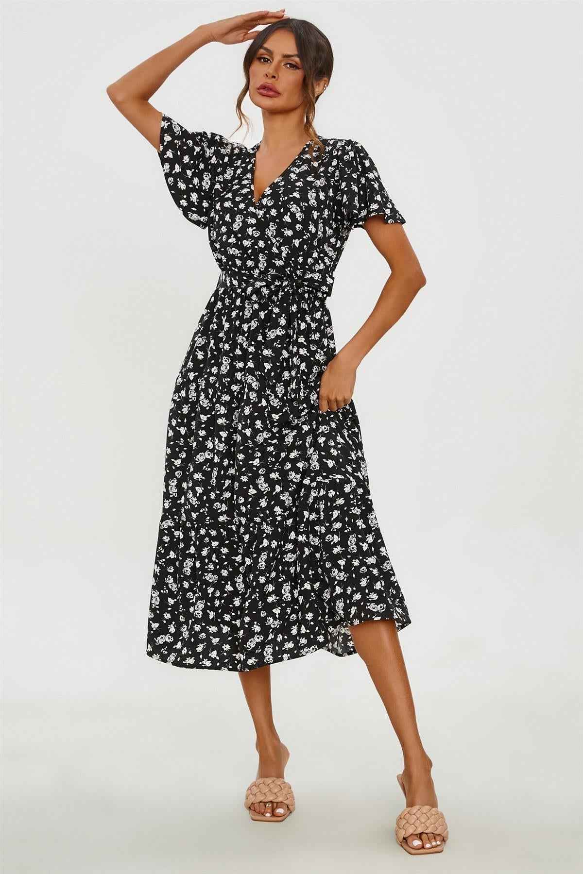 White Floral Print Hem Tiered Wrap Midi Dress In Black