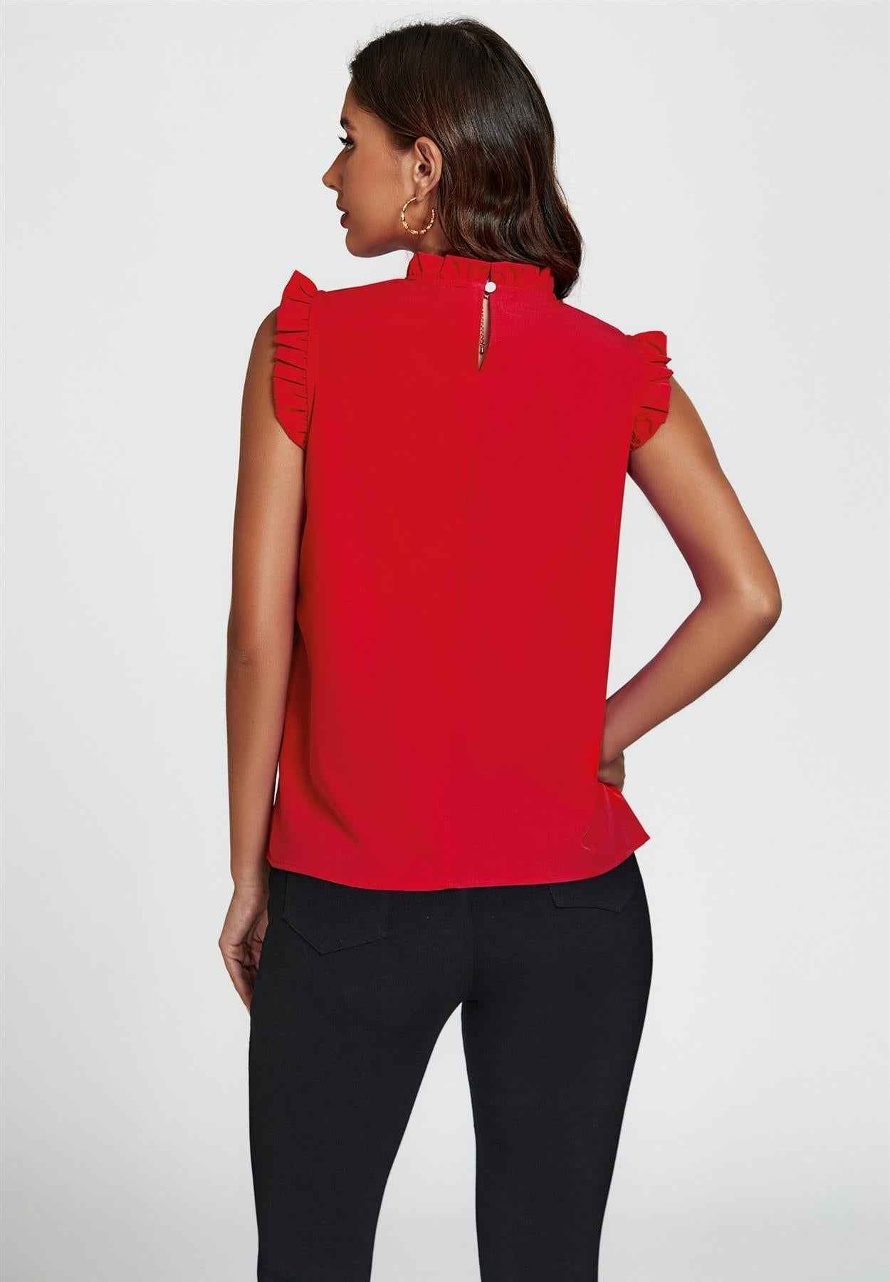 Frill Trim Sleeve Frill Neck Blouse Top In Red