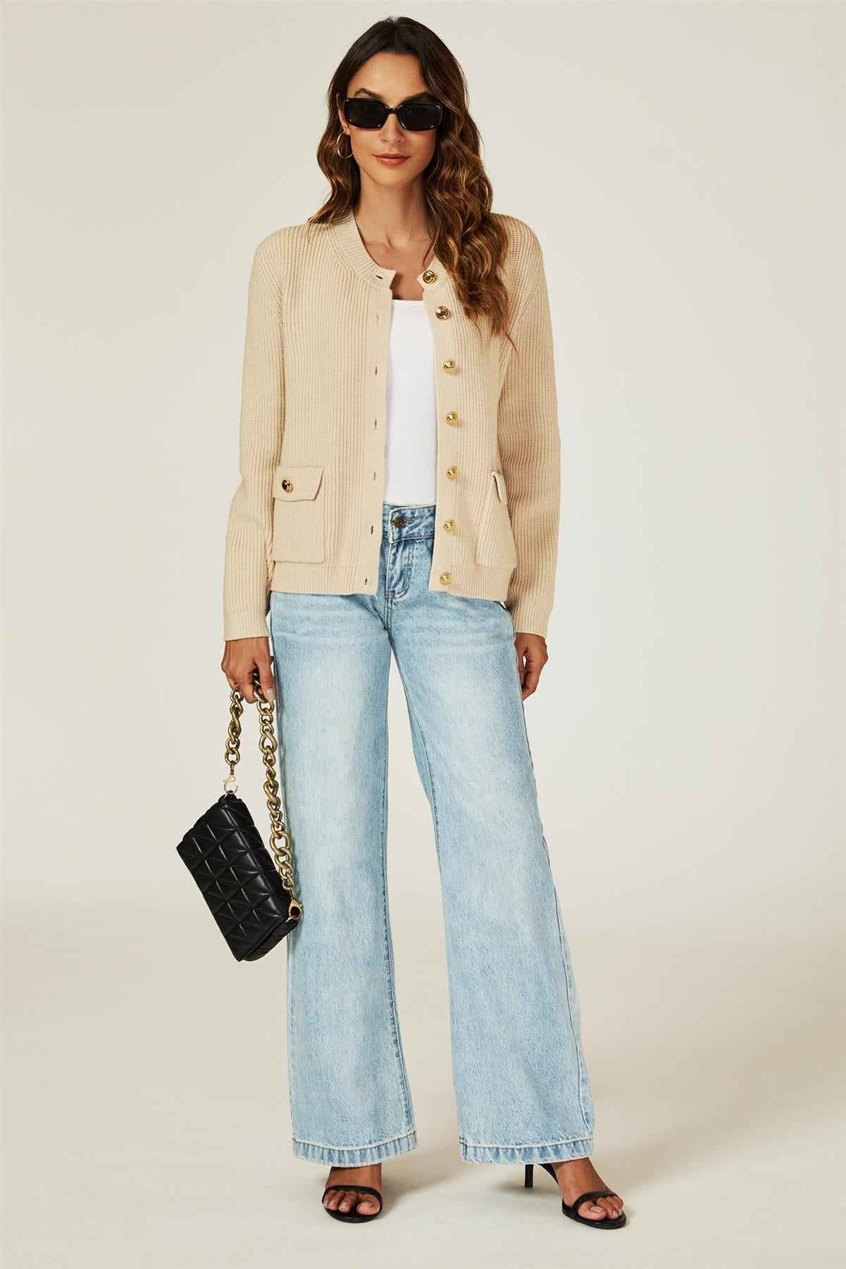 Pocket Details Knitted Cardigan In Camel