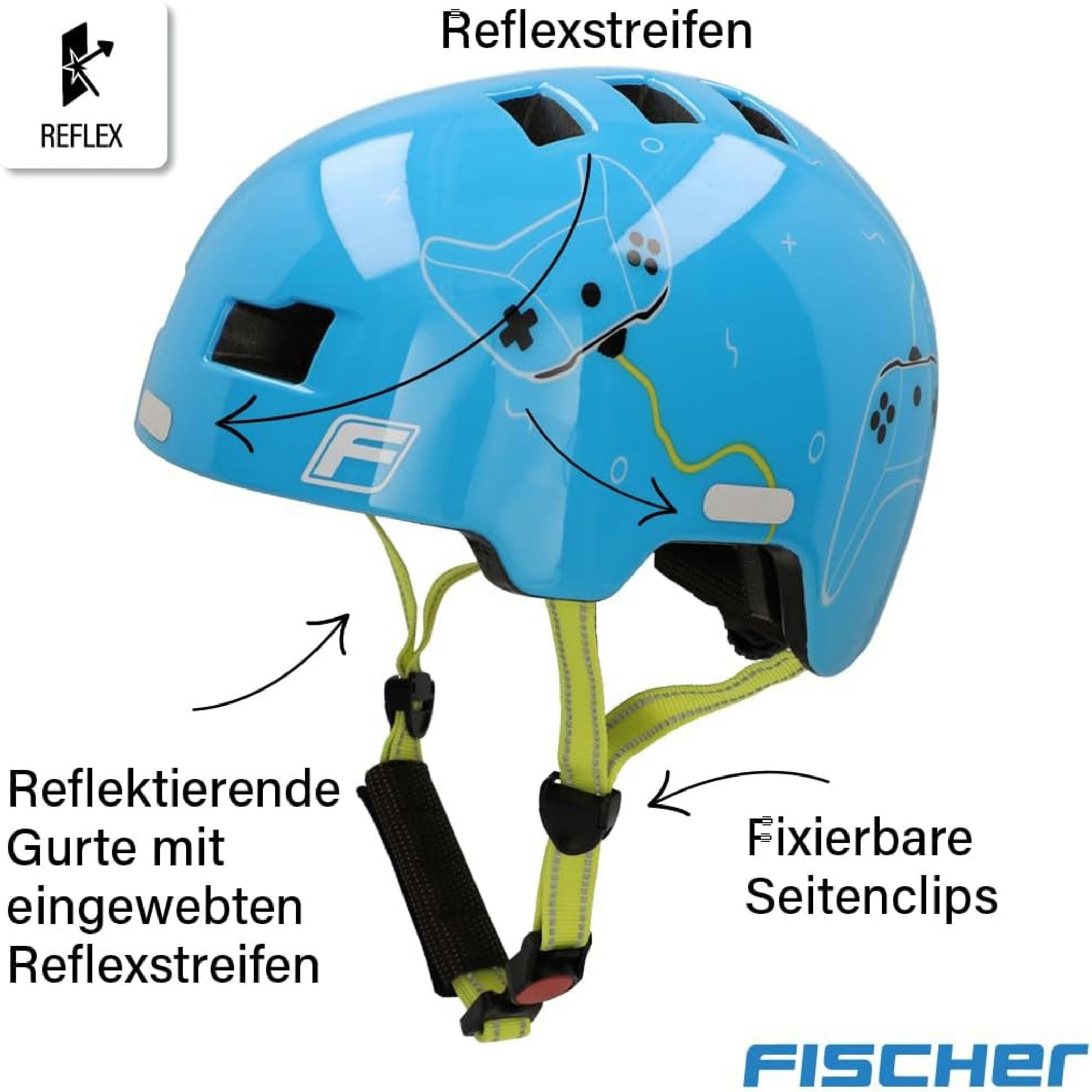 Fischer BMX Fahrradhelm Plus Radhelm, Dirt Bike Helm mit integriertem LED-Rücklicht, Game/hellblau, S/M, 54-59cm Hauptansicht
