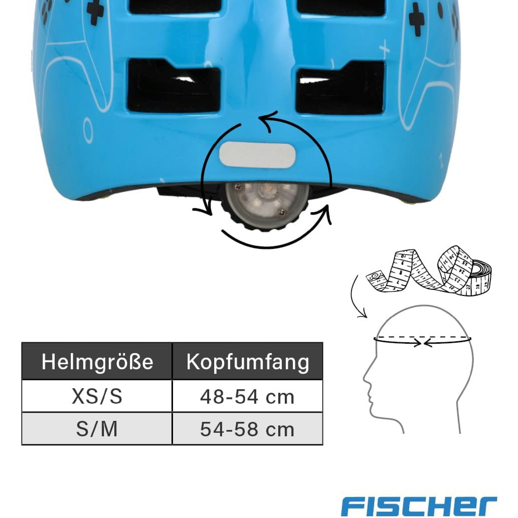 Fischer BMX Fahrradhelm Plus Radhelm, Dirt Bike Helm mit integriertem LED-Rücklicht, Game/hellblau, S/M, 54-59cm Hauptansicht
